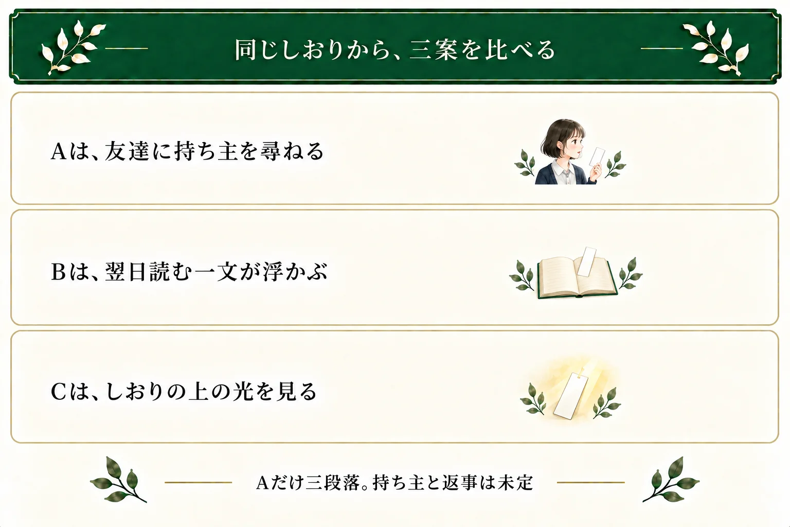 共通の白いしおりから三つの候補を考える。Aは友達に持ち主を尋ね、Bは翌日読む一文が浮かぶ架空の規則、Cは光を見る静かな場面。Aだけ本文三段落があり、持ち主や返事はまだ書かれていない。