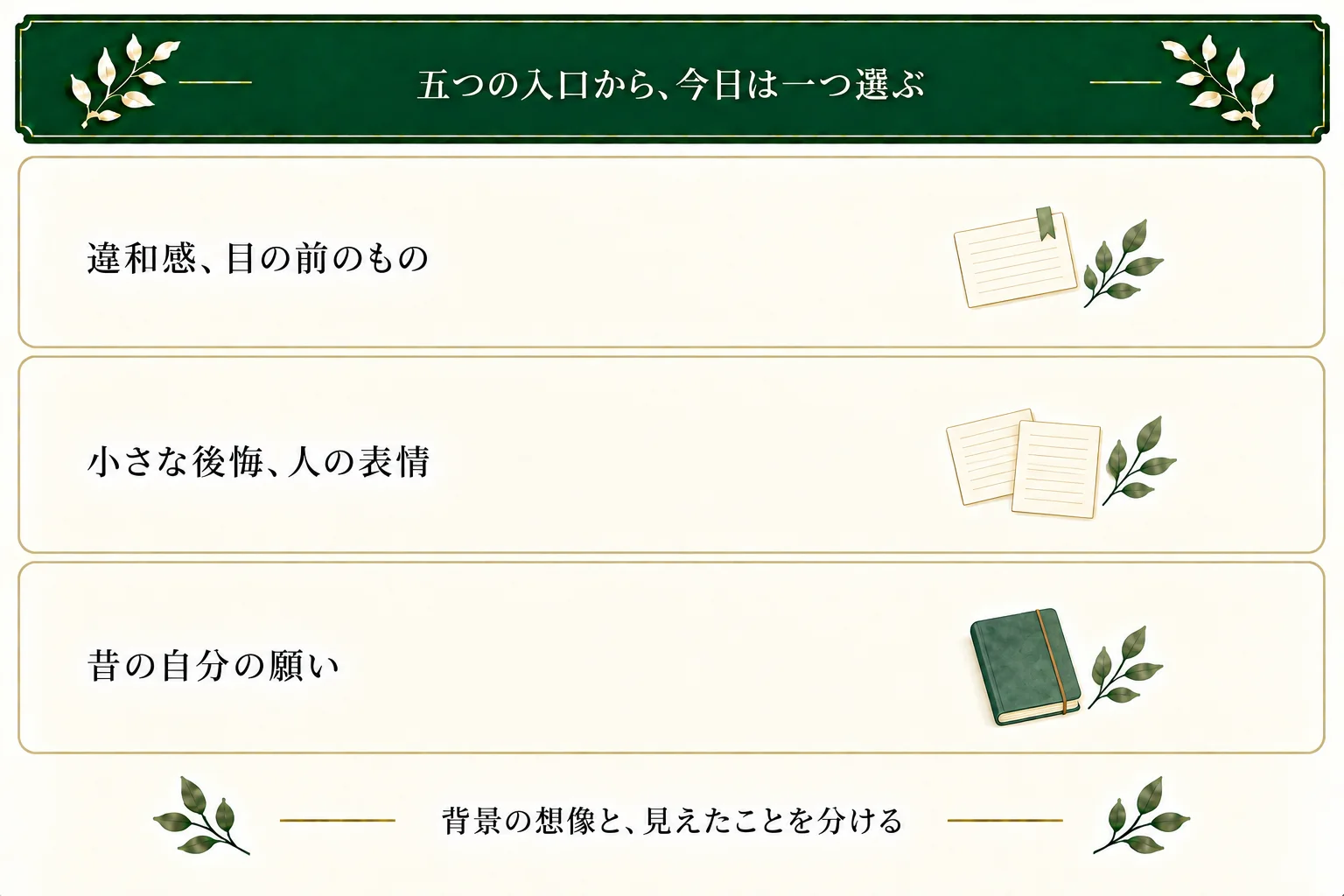 日常から物語を発想する五つの入口は、違和感、目の前のもの、小さな後悔、人の表情、昔の自分の願い。今日は一つ選び、背景についての想像と実際に見えたことを分ける。