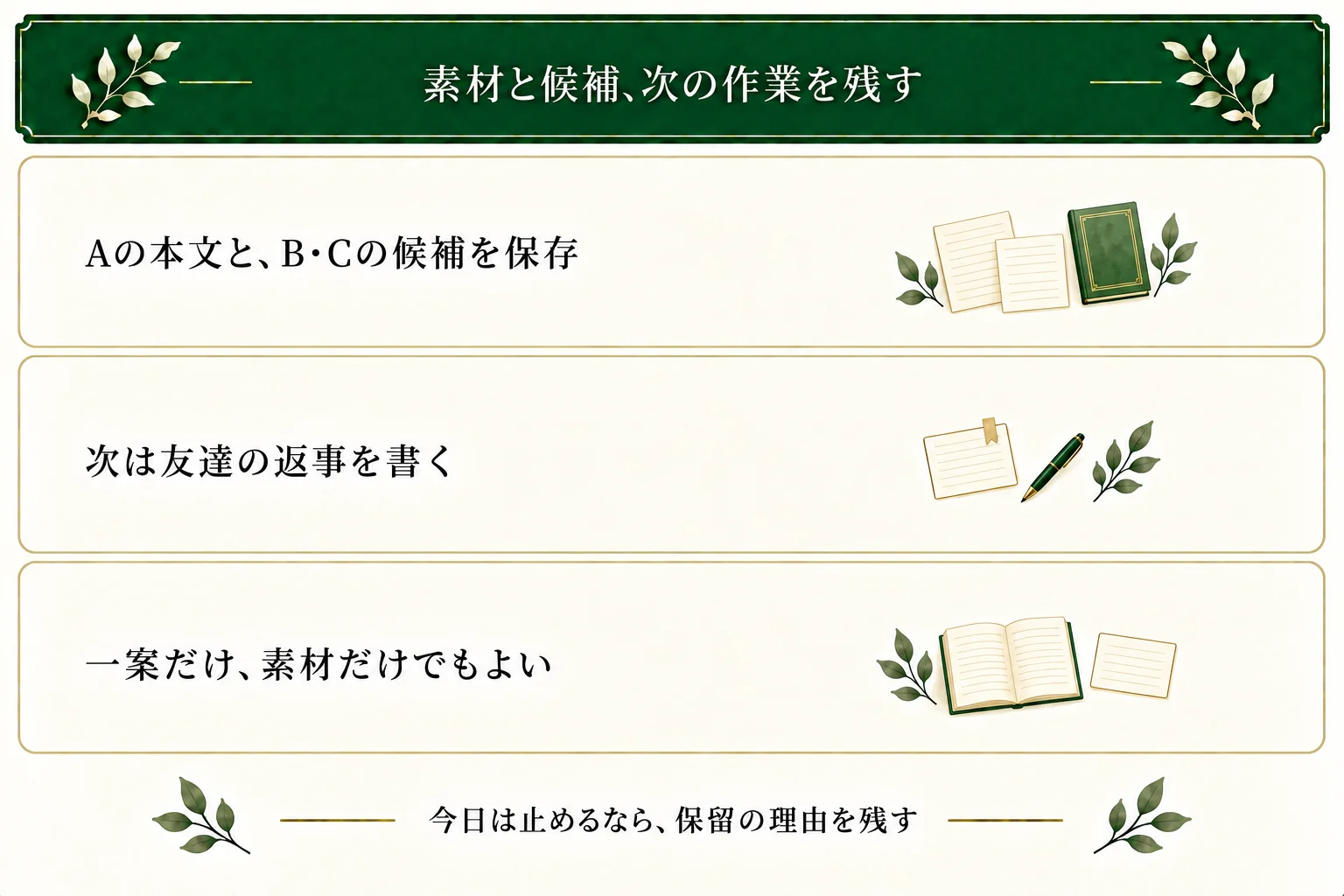 素材、候補、本文と次の作業を保存する。白いしおりの例ではAの三段落とB・Cの未執筆候補を残し、次は友達の返事を書く。一案や素材だけでもよく、保留理由も残せる。