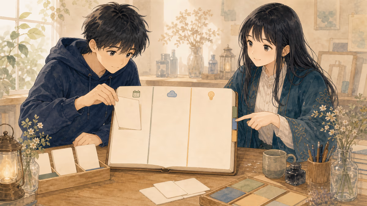 コトハがアイデア帳は、日付・出所・引っかかりの3列で始めるの要点を創作アトリエの小物と人物の配置で示している挿絵