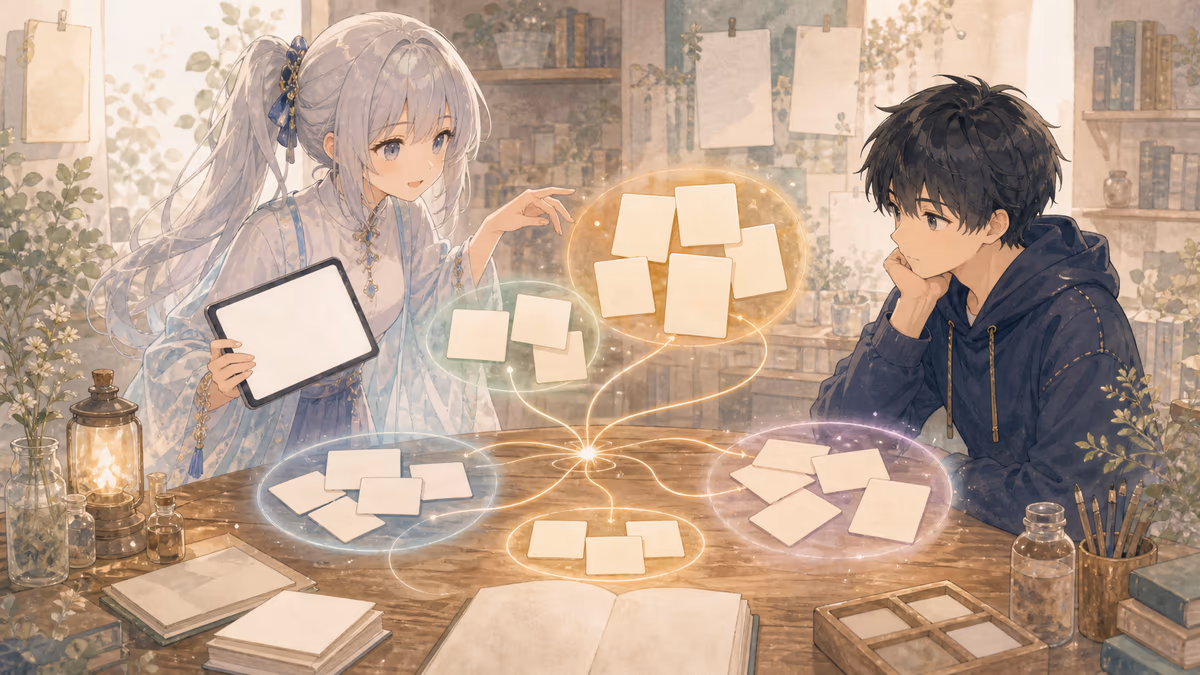 ミラがAIには、新案ではなく共通テーマを整理してもらうの要点を創作アトリエの小物と人物の配置で示している挿絵