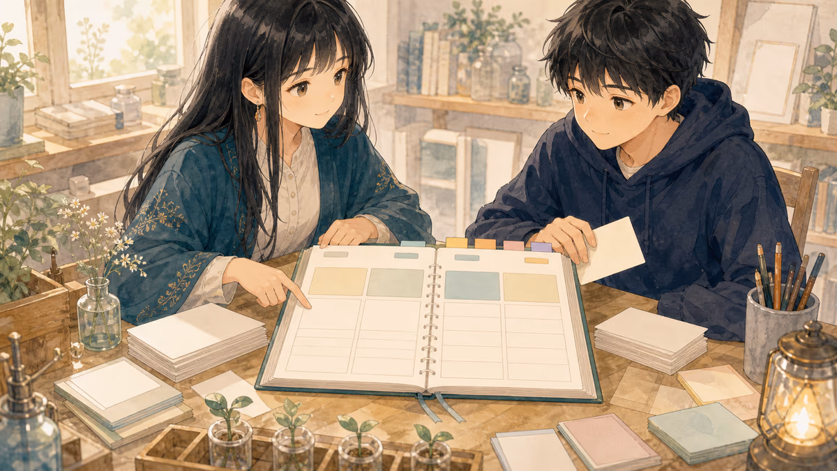 コトハがアイデア帳テンプレートを作って、今日の一歩を形にするの要点を創作アトリエの小物と人物の配置で示している挿絵