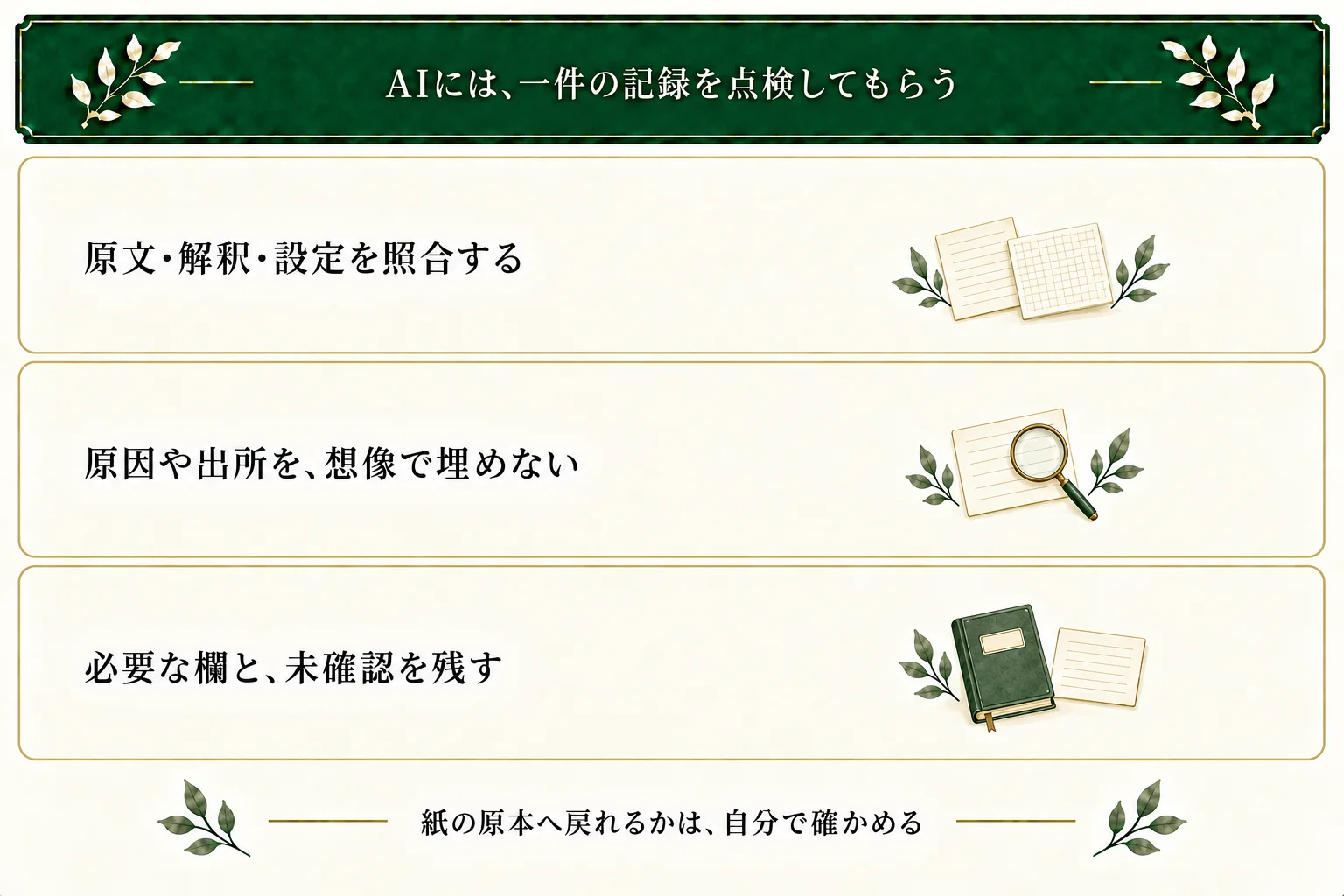 AIにアイデア帳の一件を渡し、原文・解釈・設定を照合する。原因や出所を想像で埋めず、未確認を残す。AIが紙の原本を開いたことにはせず、自分で戻って確かめる。