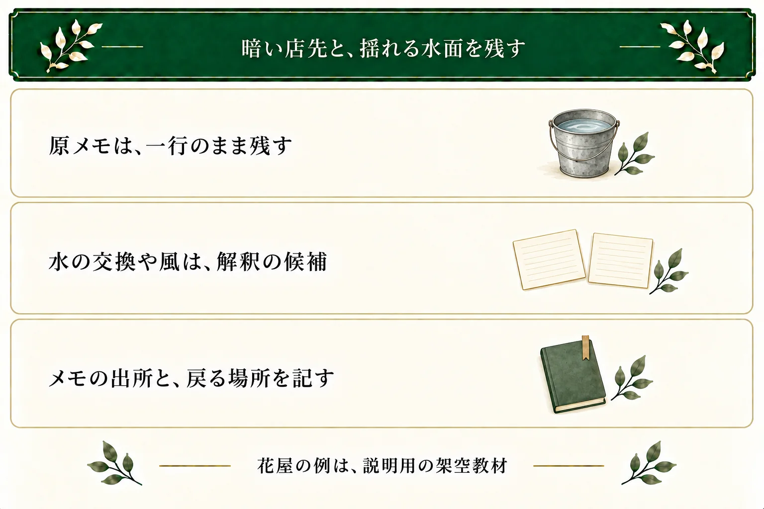 花屋の架空教材では、暗い店先と揺れる水面を原メモに残す。水を替えたか、風で揺れたかは解釈候補。メモの出所と戻る場所も記録する。