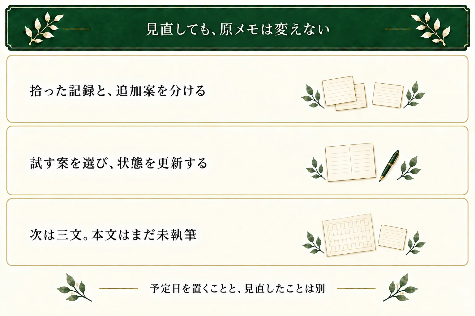 拾った記録と後からの案を分け、見直したら試す案と状態を更新する。例では元店員の三文を試す予定で、本文は未執筆。予定日だけで見直したとは扱わない。