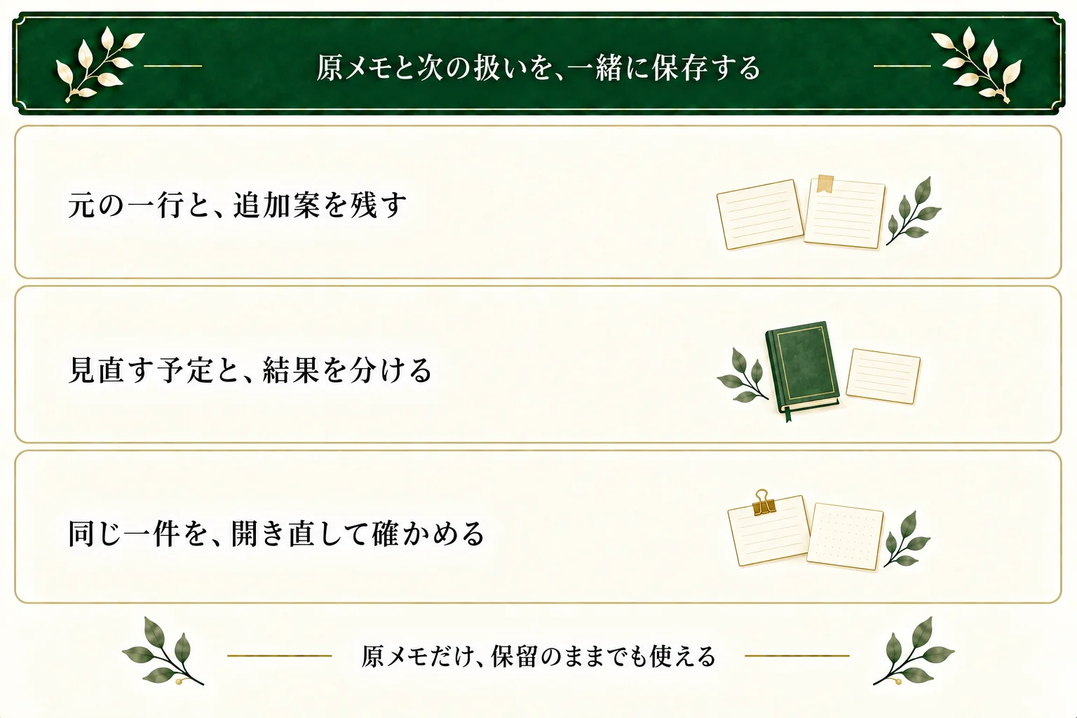 アイデア帳テンプレートに元の一行と追加案、見直す予定と実際の結果を分けて保存する。同じ一件を開き直し、必要な内容を確認する。原メモだけや保留でも使える。