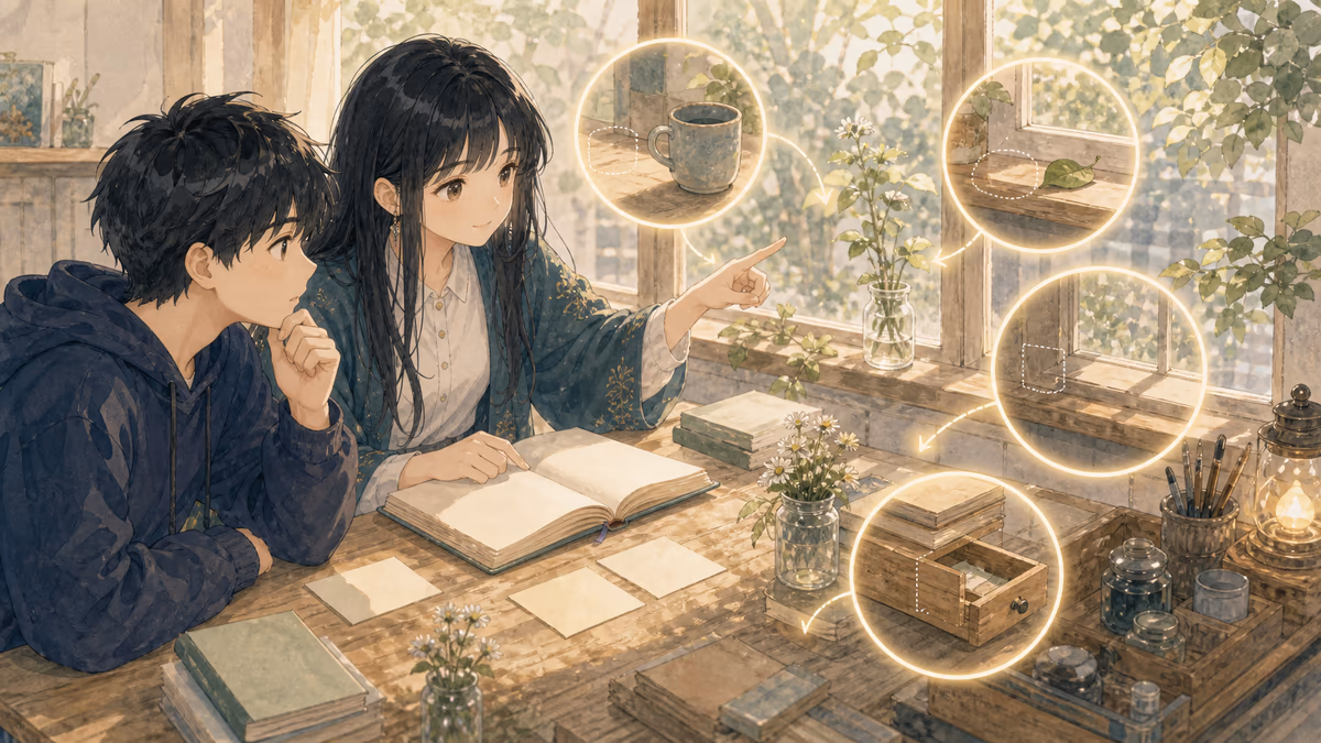 コトハが日常の物語ネタは、いつもと違う小さな差分にあるの要点を創作アトリエの小物と人物の配置で示している挿絵