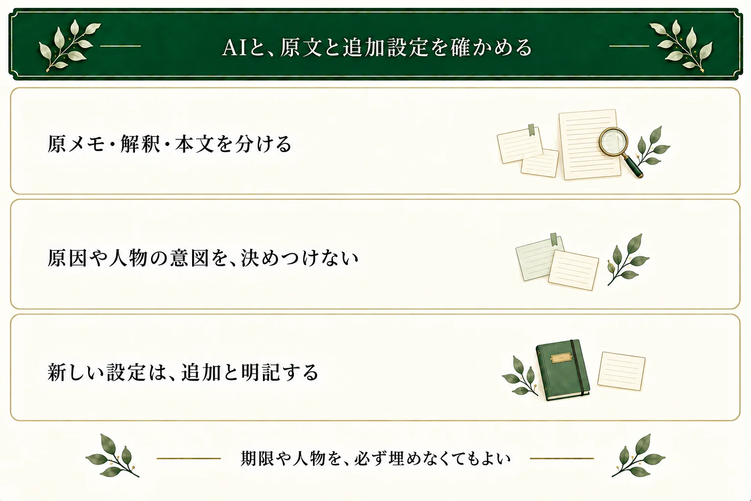 AIには原メモ、解釈、追加設定と本文を分けて渡す。原因や人物の意図を決めつけず、新しい条件を創作上の追加と明記する。期限や人物を埋めることは必須ではない。