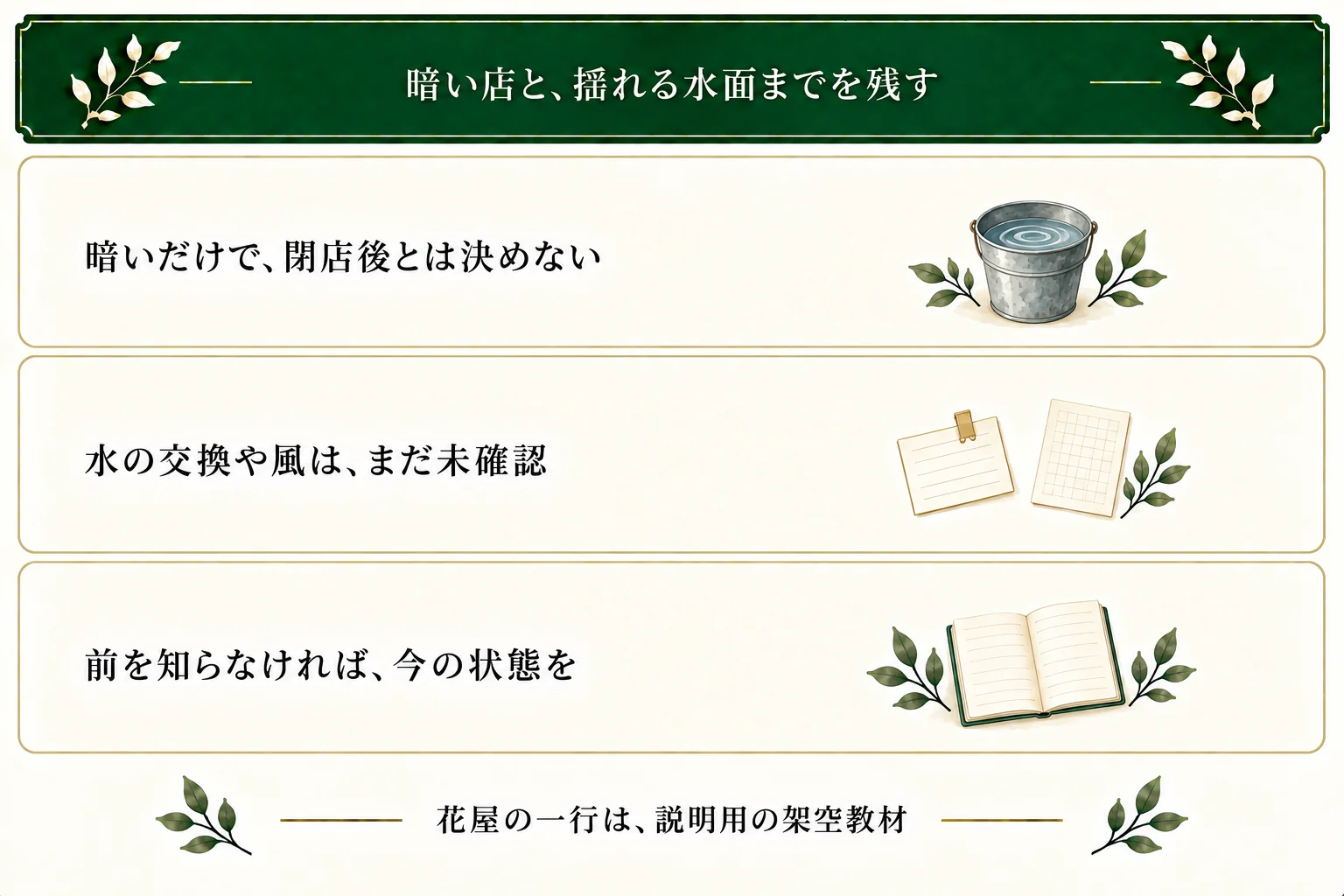 花屋の架空教材では暗い店と揺れる水面までを記録する。暗さだけで閉店後と決めず、水の交換や風も未確認。以前の状態を知らないなら、いま見えている状態を書く。