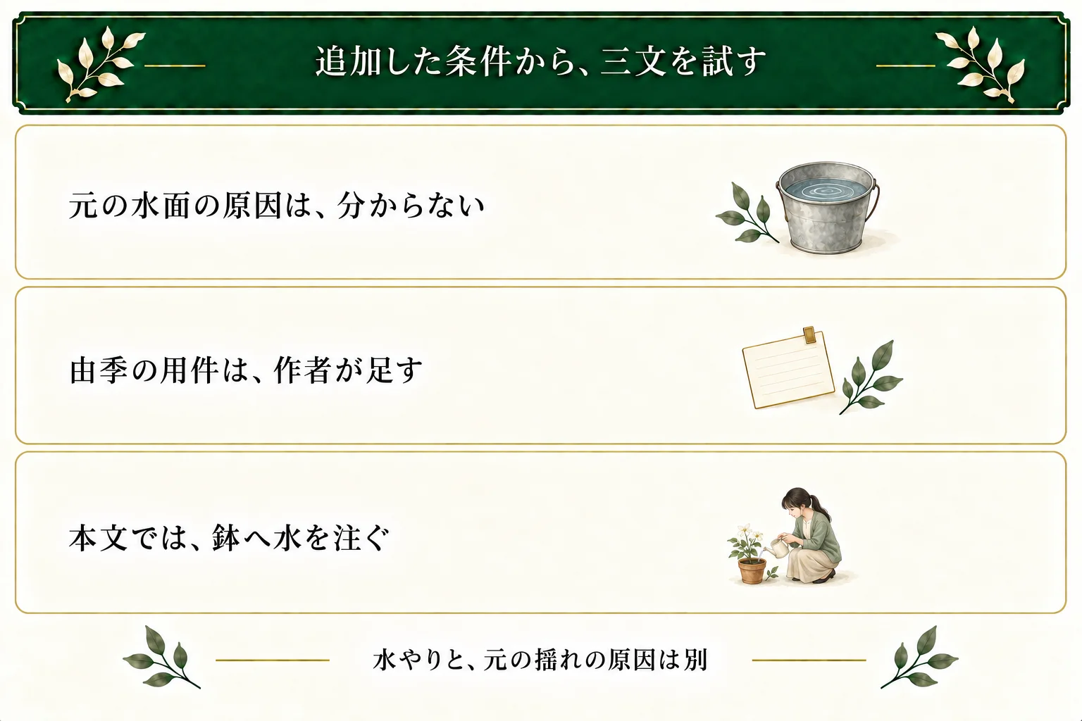 原メモの水面が揺れた原因は未確認。作者が元店員由季の用件を足し、三文では手前の鉢へ水を注ぐ場面を書く。水やりが元の揺れの原因を説明したことにはならない。