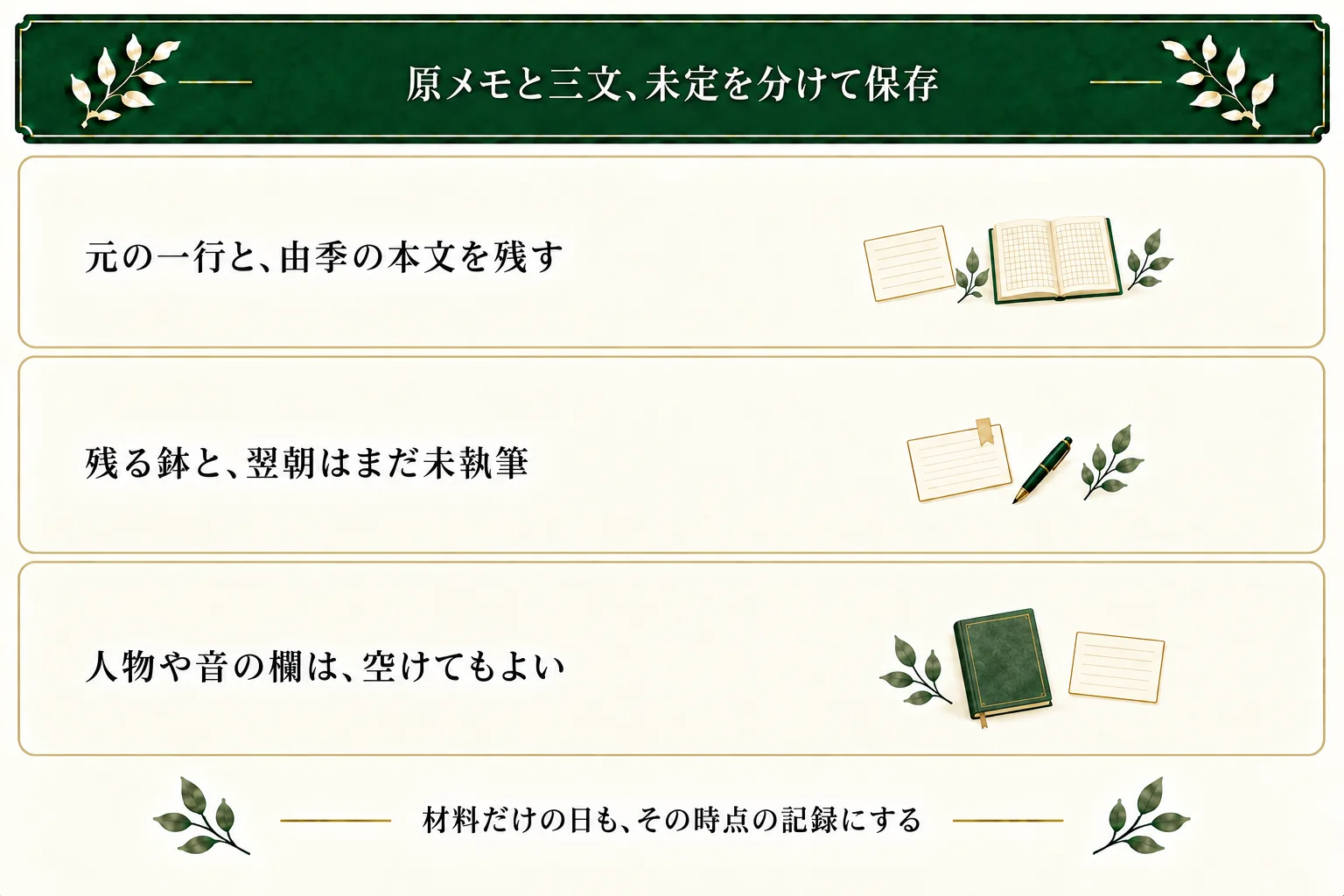花屋の原メモ一行と由季の三文を分けて保存する。残る鉢の扱いと翌朝の引き取りは未執筆で、人物や音の観察欄は空けてもよい。材料だけの日も保存できる。