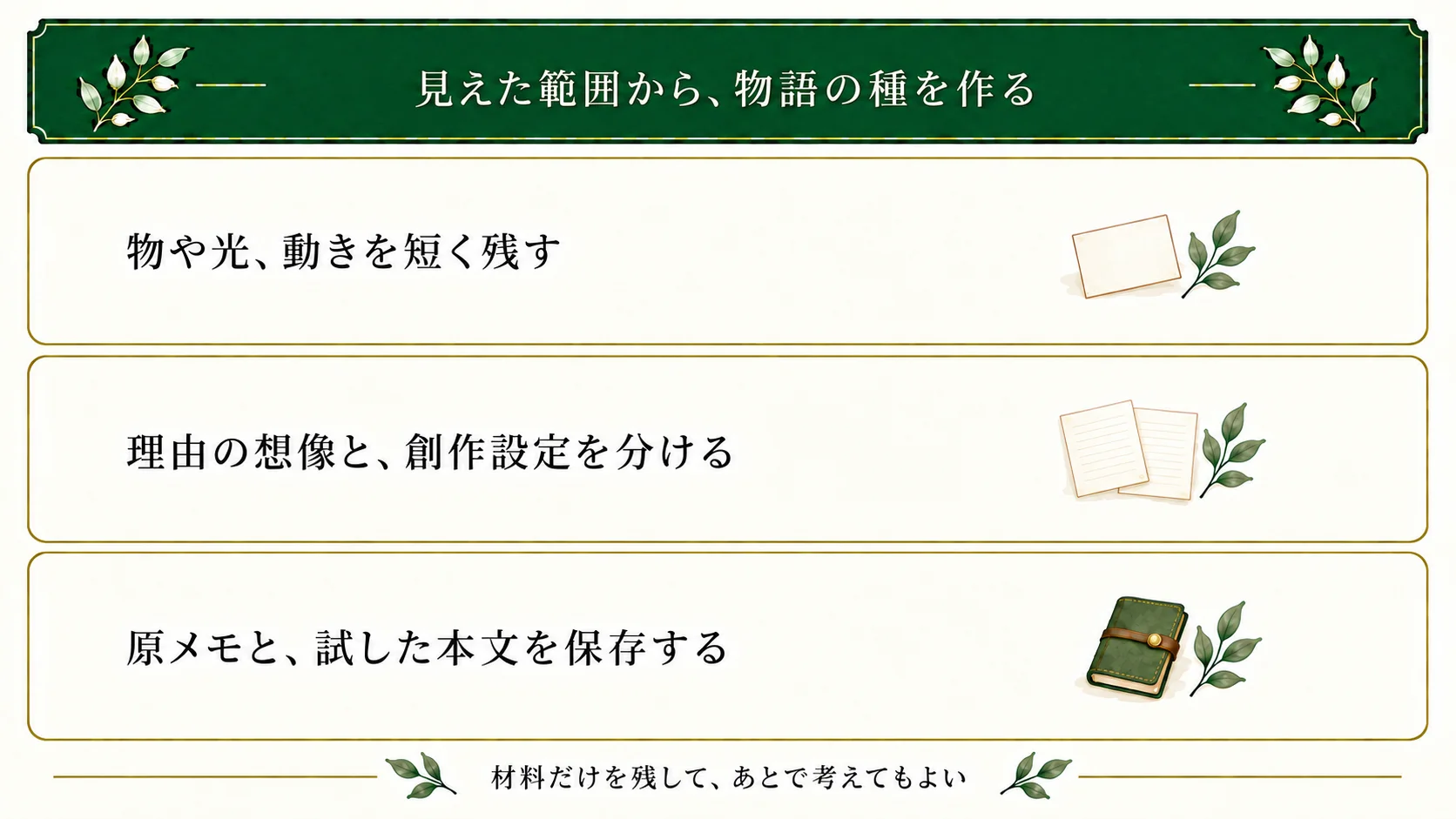 日常観察から物語の種を作る流れ。見えた物や光、動きを短く残し、原因についての想像と創作設定を分ける。原メモと試した本文を保存し、材料だけで止めてもよい。