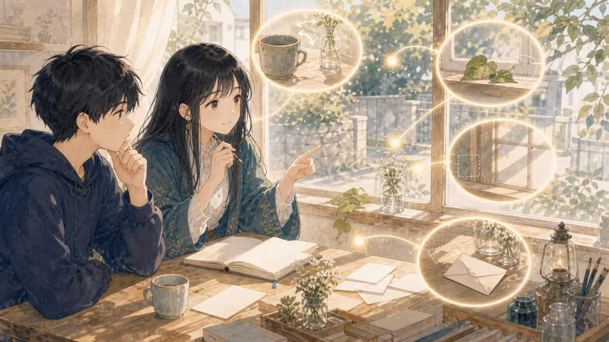 日常から物語ネタを見つける方法の内容をイメージした創作アトリエの挿絵