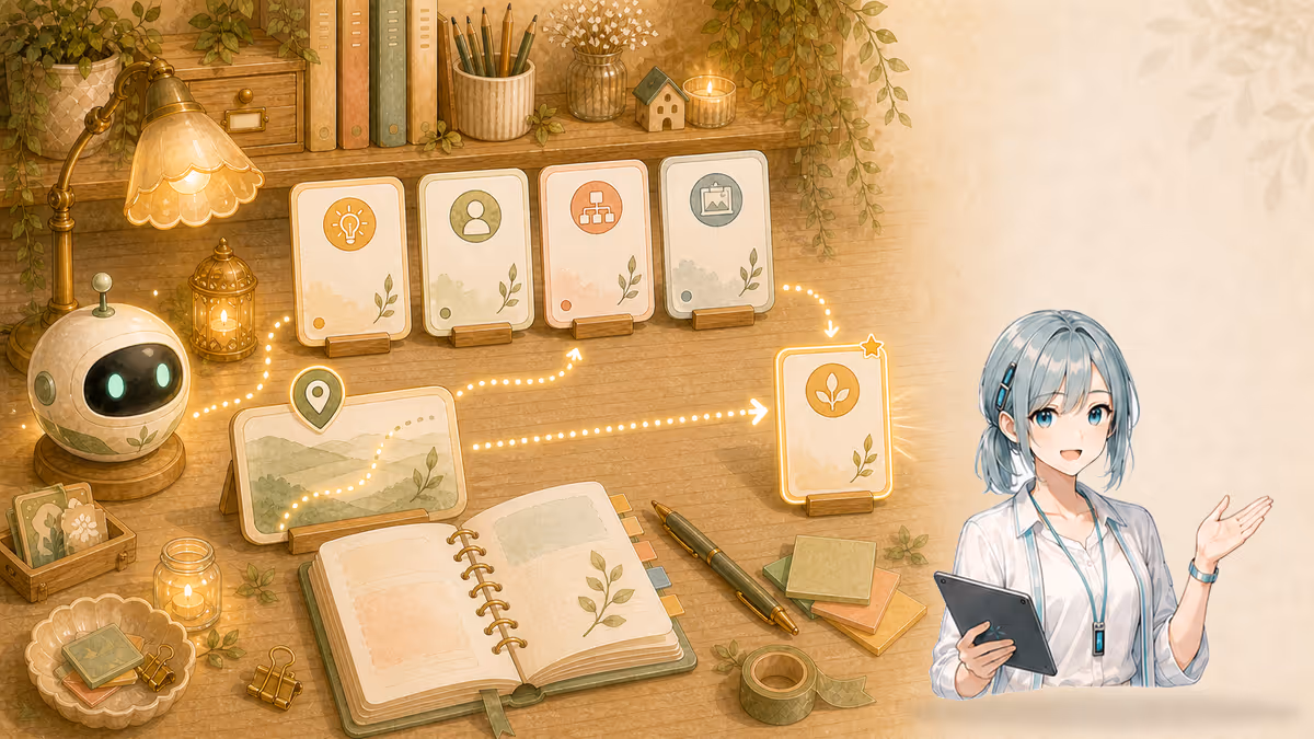 ミラがAI端末と現在地カードを使って次の1ステップだけを選ぶ創作アトリエの挿絵