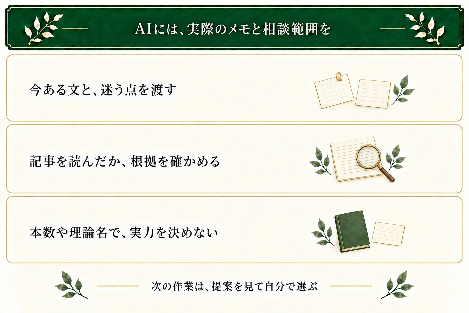 AIには今あるメモや本文と迷う点、相談範囲を渡す。教材を読んだと決めつけず、完成本数や理論名だけで作者の実力を判断しない。提案から次の作業を選ぶ。