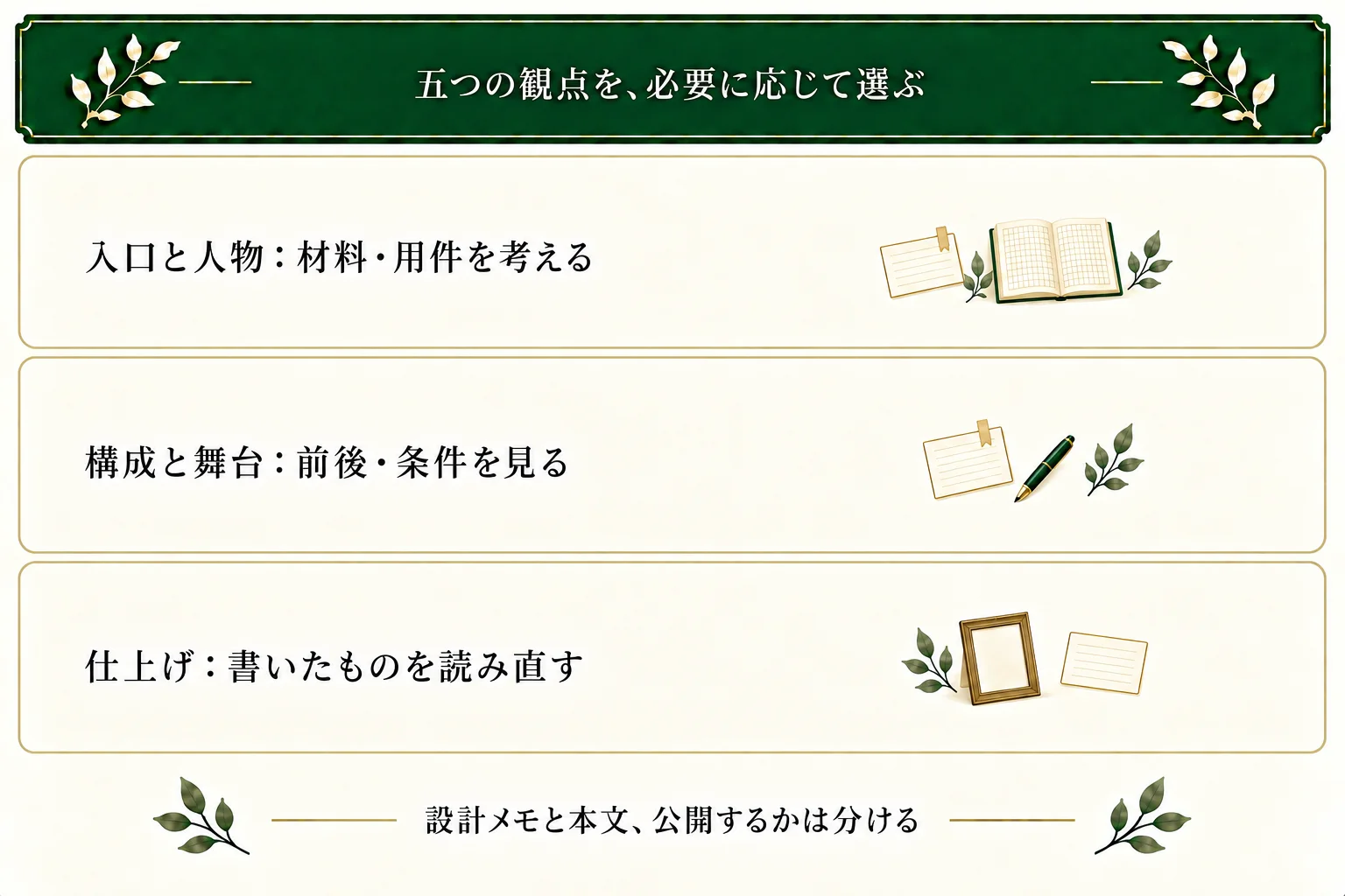 独学の五つの観点。入口と人物では材料や用件、構成と舞台では前後と条件、仕上げでは書いたものの見直しを扱う。設計メモと本文を区別し、公開は必要なら選ぶ。