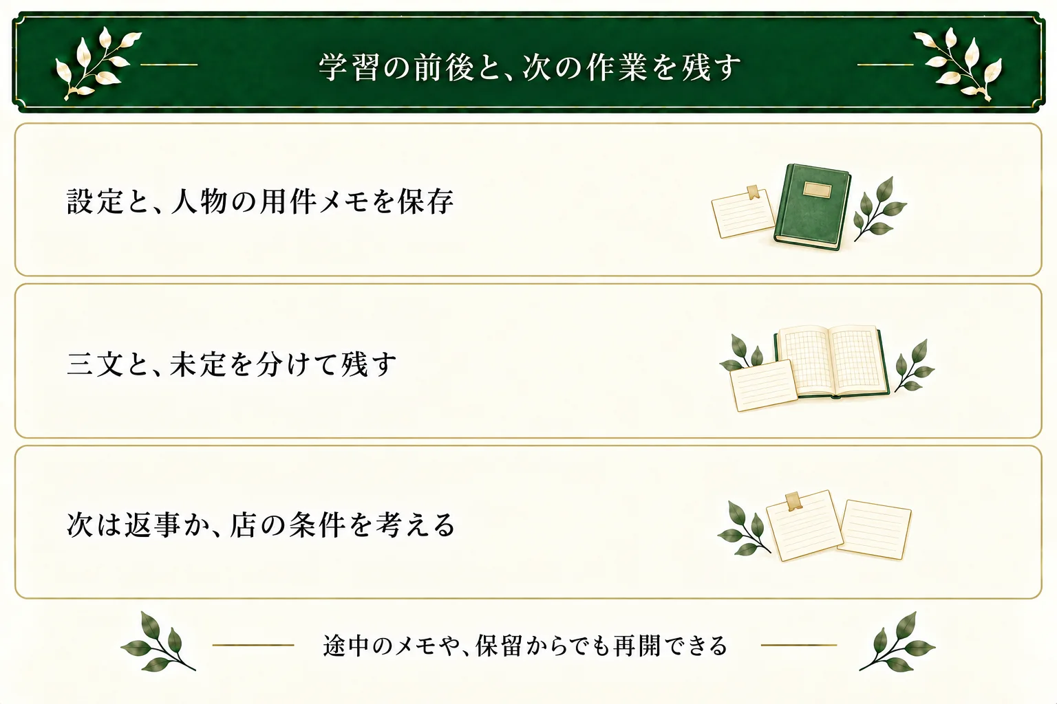 学習前の設定、教材を使った用件メモと三文を保存する。未定を分け、次は店主の返事か店の条件を考える。途中のメモや保留でも再開できる。