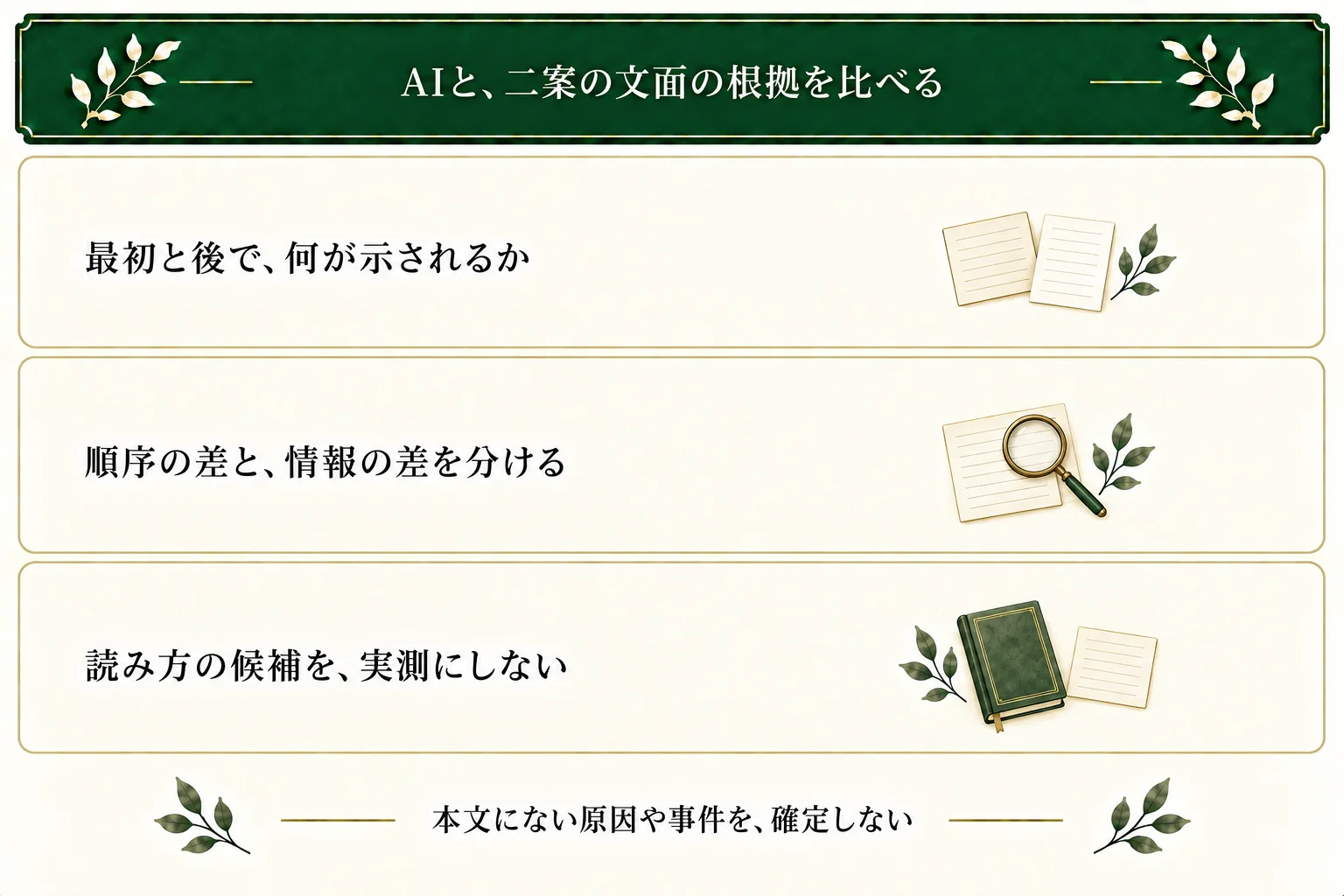 AIと冒頭二案で先に示す情報と後で示す情報を比較する。順序が違うことと、情報がないことを区別し、読み方の候補を実際の読者反応の測定結果にしない。原因や事件を補わない。