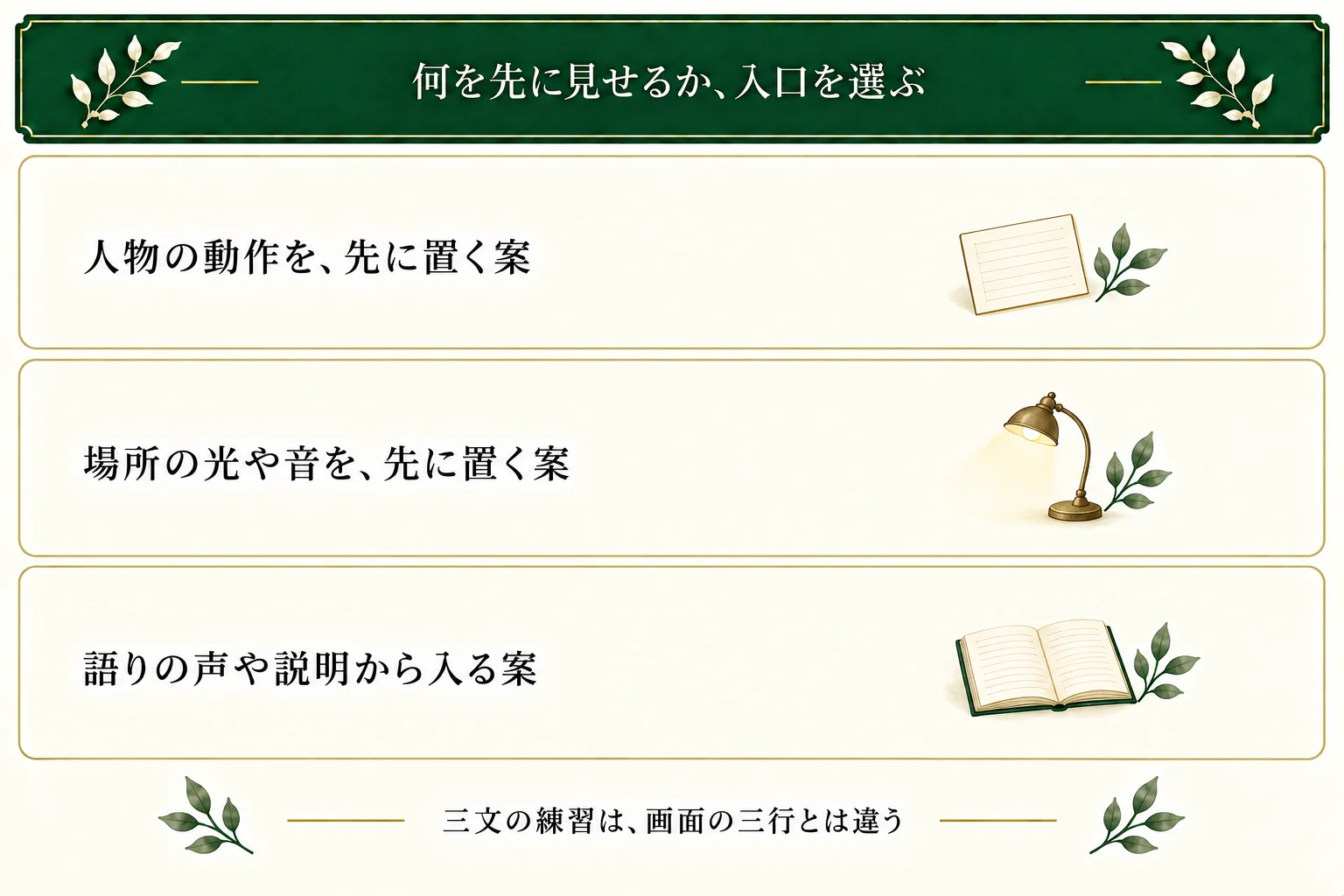 冒頭の入口には人物の動作、場所の光や音、語りの声や説明がある。三文で比較する練習は、表示幅で変わる画面上の三行とは区別する。