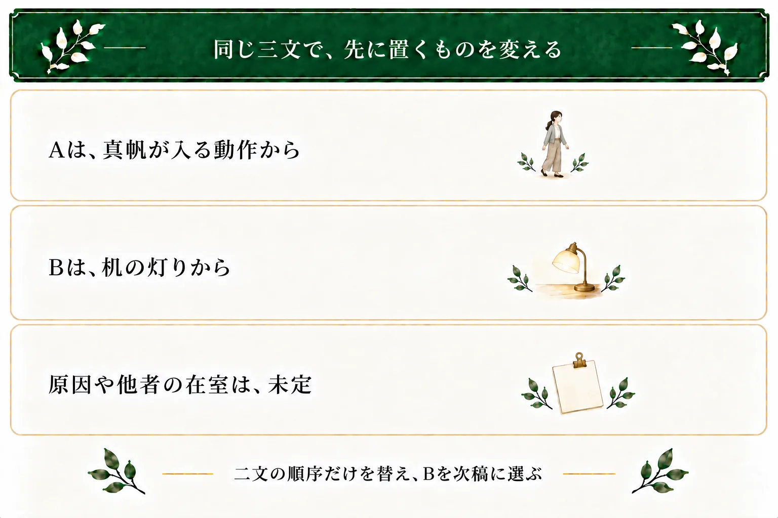 冒頭Aは真帆の入室から、Bは机の灯りから始める。同じ三文の最初の二文だけを入れ替え、Bを次稿に選ぶ。灯りの原因やほかの職員の在室は未定。