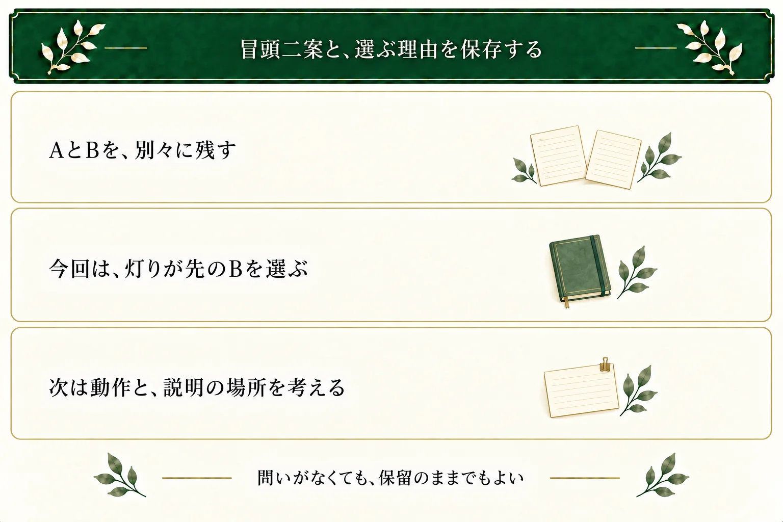 冒頭AとBを別々に保存し、今回は灯りが先のBを選ぶ理由を残す。次は真帆の動作と、準備担当という説明を置く場所を考える。問いがない場合や保留でも使える。