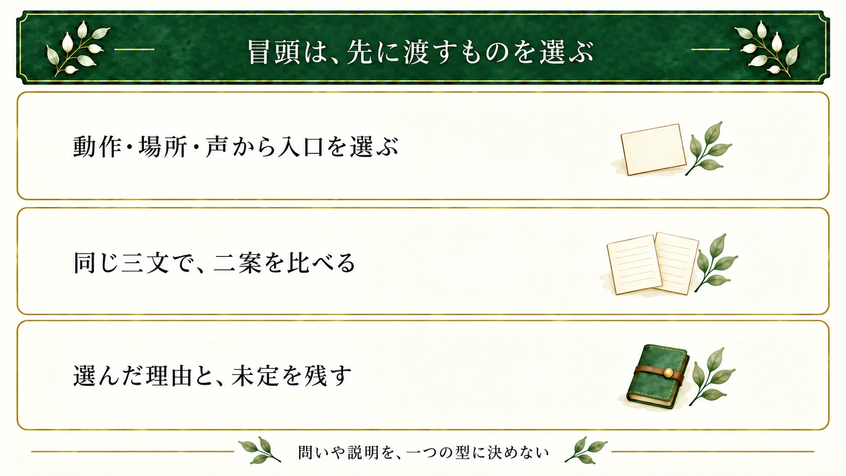 物語の冒頭を作る流れ。動作・場所・声から先に示すものを選び、同じ三文の順序を変えて二案を比べる。選ぶ理由と未定を残し、問いや説明を必須の型にしない。