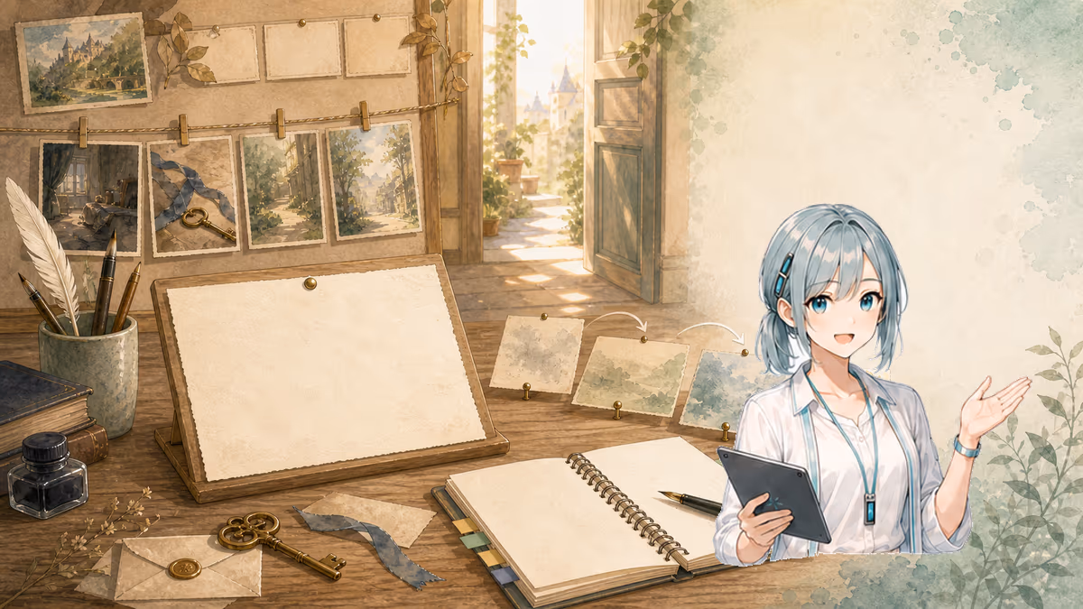 物語の始まりの作り方の内容をイメージした創作アトリエの挿絵