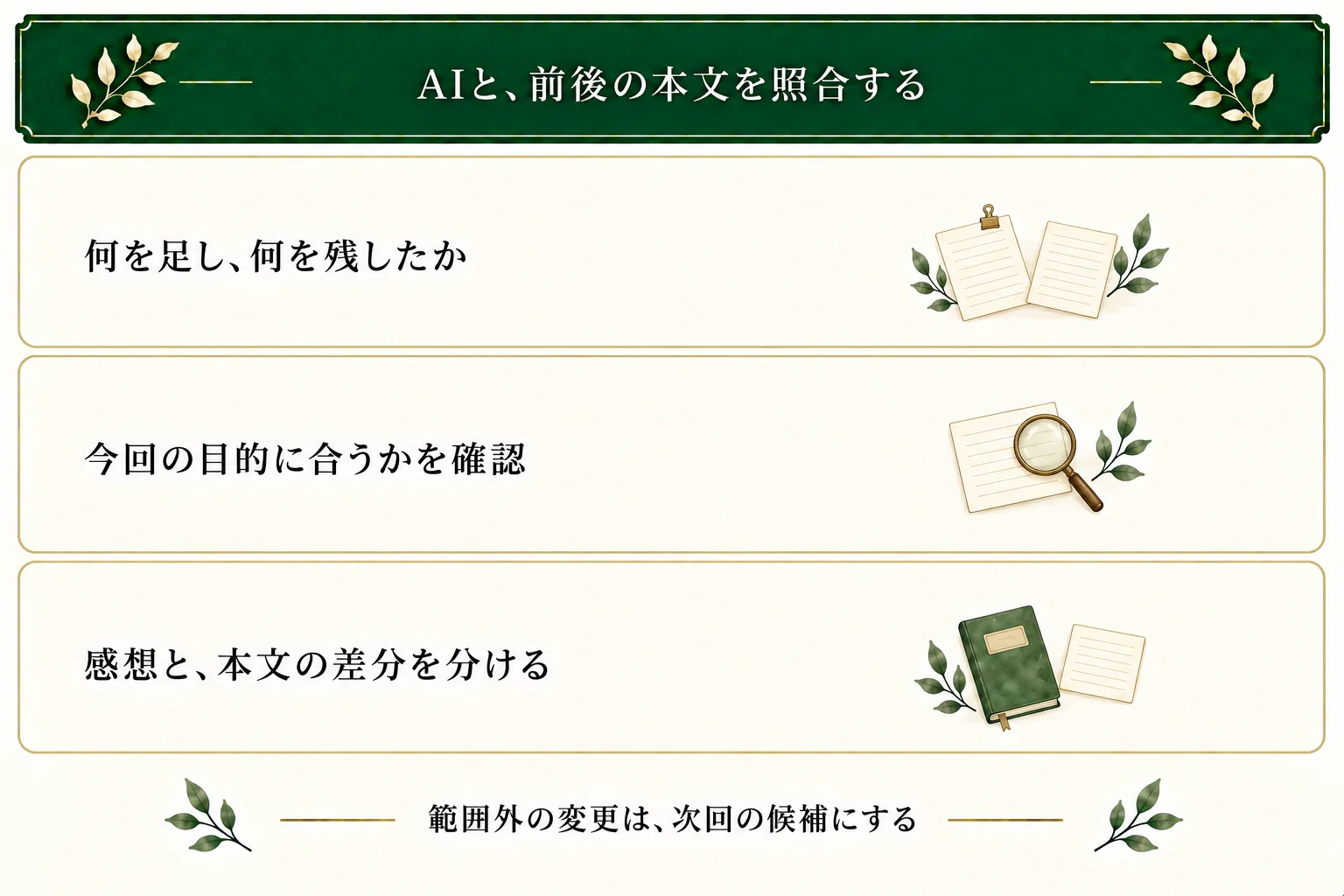 AIには推敲の目的と対象、変更前後の本文を渡し、足した文と残した文を照合してもらう。本文の差分と読み手の感想を分け、範囲外の変更は次回に回す。