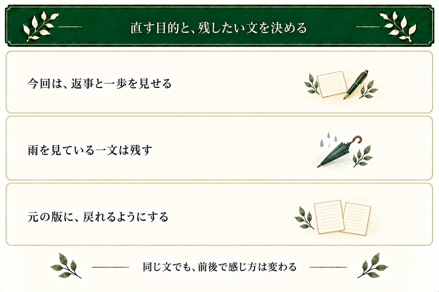 推敲の目的は杏奈の返事と傘の下への一歩を明示すること。雨を見ている一文は残し、変更前の版も保存する。同じ文を残しても前後による感じ方は別に確かめる。