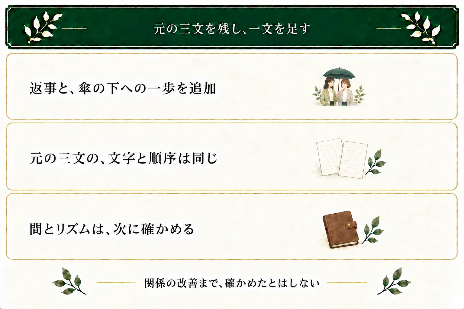 推敲前の三文は保ち、杏奈がお願いと答えて澪の傘の下へ一歩入る一文を加えた。雨を見る間や追加文のリズム、二人の関係が改善したかは、この差分だけで確認済みにしない。