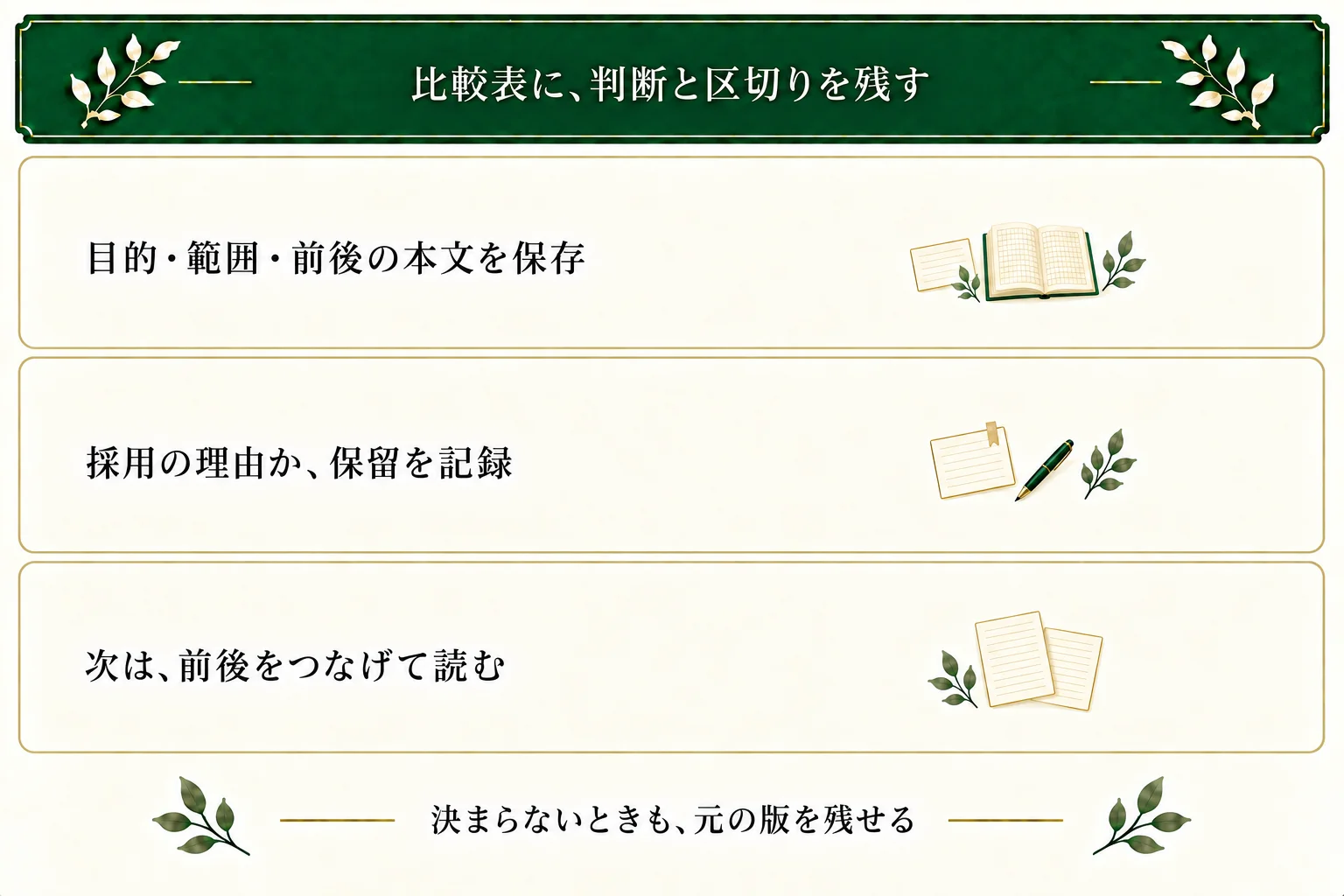 推敲比較表に目的と対象、変更前後、採用か保留か、作業を区切る条件を保存する。今回は応答と一歩の追加を確認して区切り、前後のつながりと音読は次回の確認として残す。