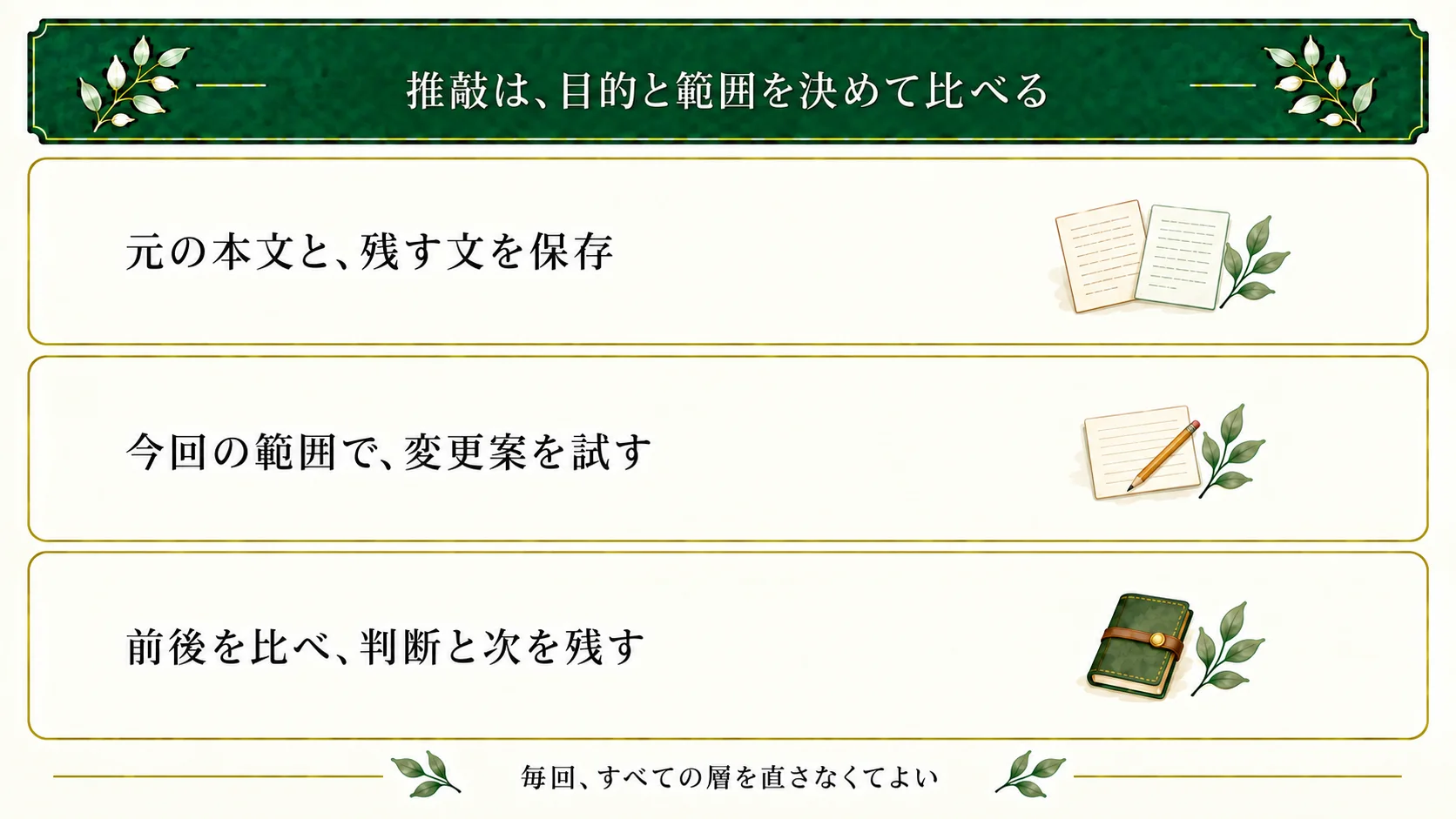 物語を推敲する流れ。元の本文と残したい文を保存し、今回見る範囲で変更案を作る。変更前後を比べ、採用か保留か、次に確かめることを残す。構造・場面・一文を毎回すべて直す必要はない。