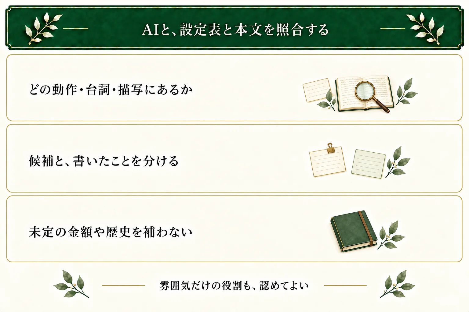 AIには設定メモと本文を渡し、各設定が動作・台詞・描写のどこにあるか照合する。候補と執筆済みを分け、未定の見積額や店の歴史を勝手に補わない。