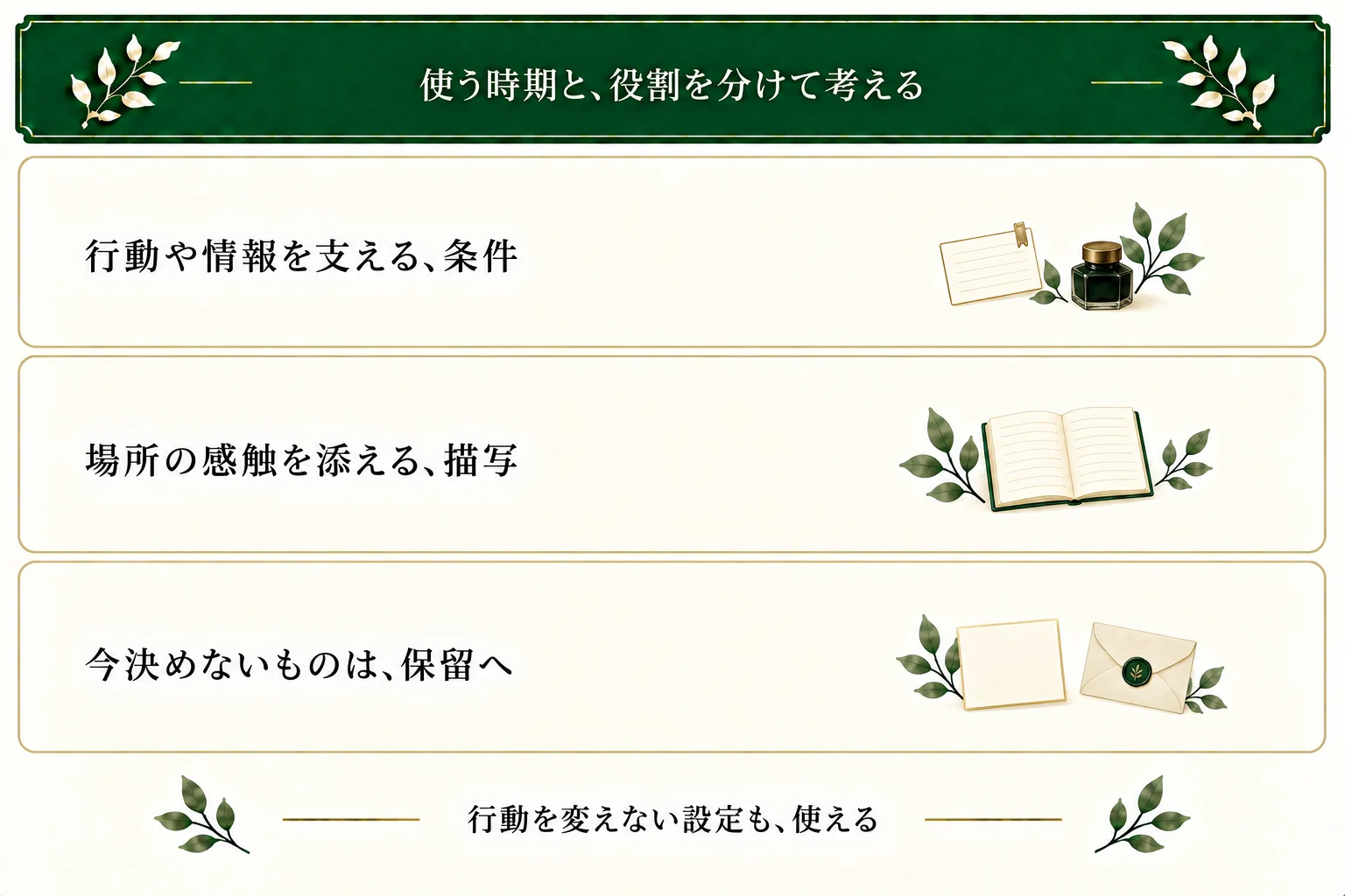 物語の設定の役割には行動や情報を支える条件、場所の感触を添える描写がある。今決めないものは保留にし、雰囲気を中心にした場面にも使える。