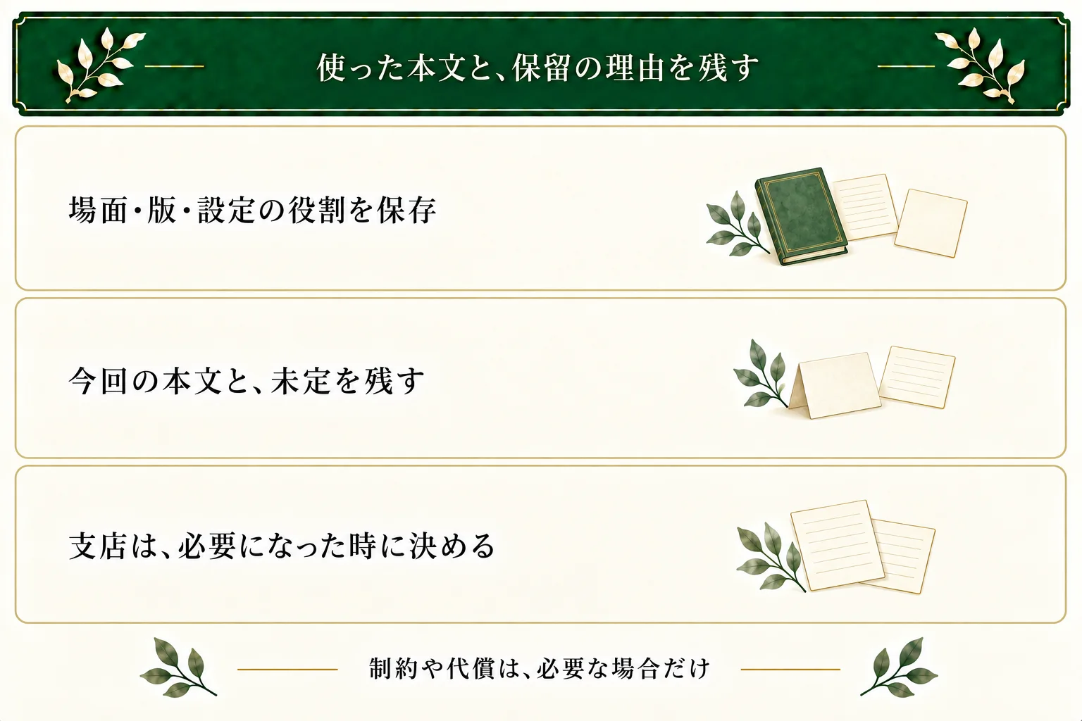 設定優先表に場面と版、使った設定と本文、保留理由と見直す条件を保存する。支店の有無は別の町の店を書く時に考える。制約や代償、本文の欄も未定や未執筆のまま保存できる。