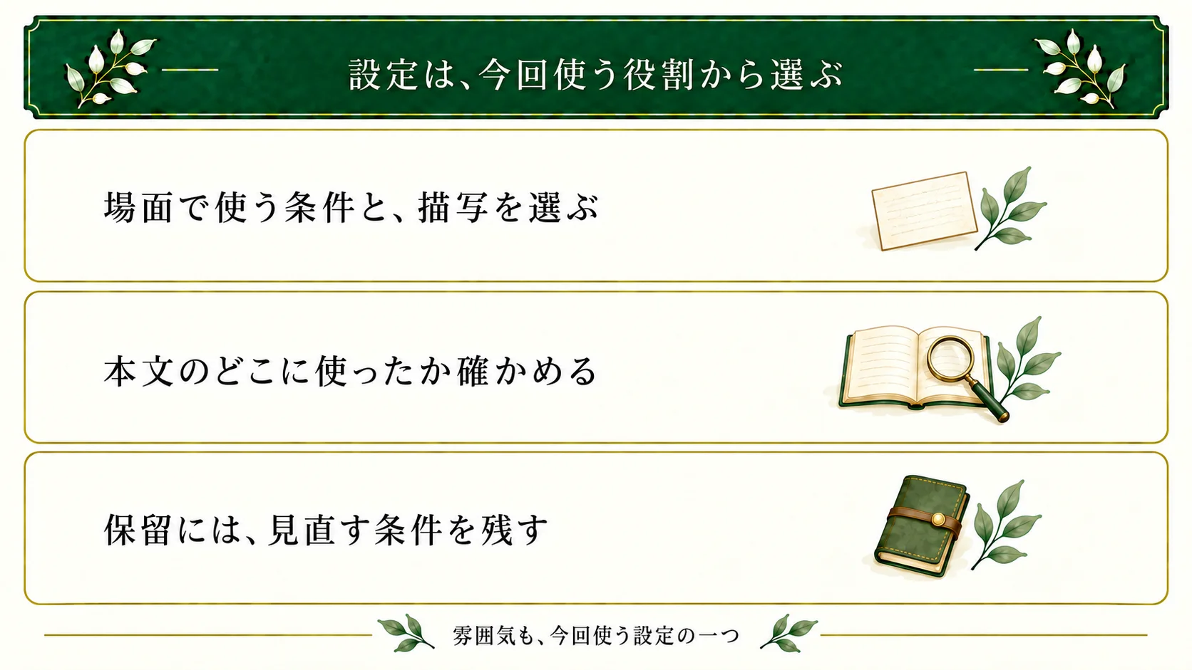 設定候補から今回の場面に使う条件と描写を選び、本文の使用箇所を照合する。保留には理由と見直す条件を残す。雰囲気の描写も今回使う設定で、三分類を優劣や排他的な箱にはしない。