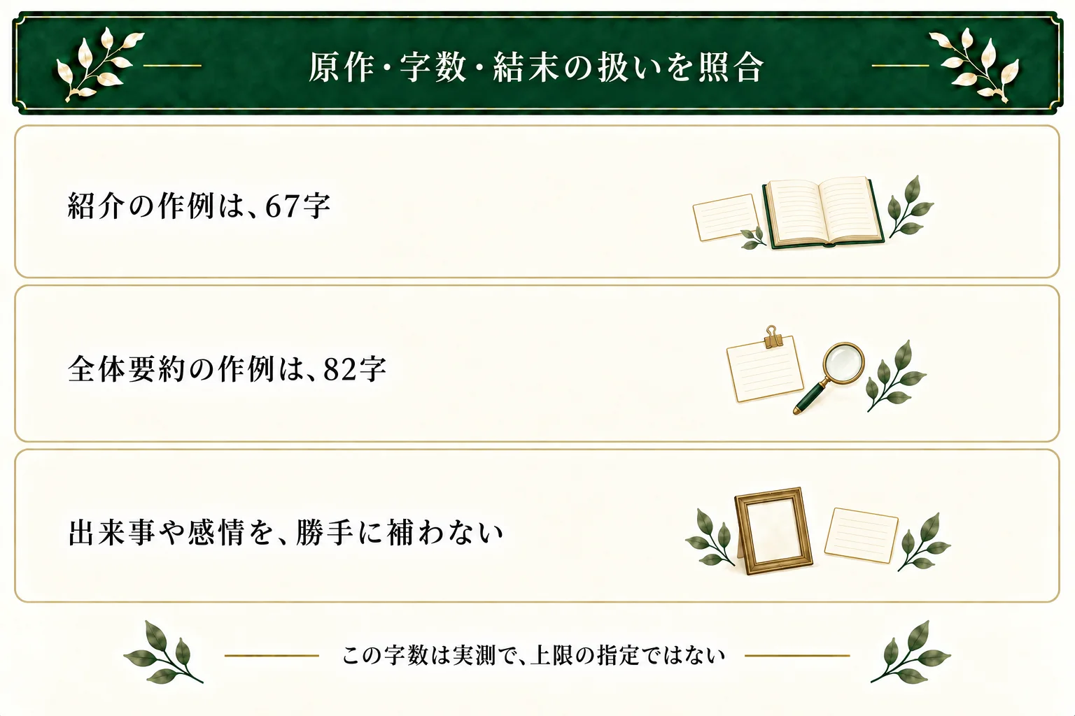 紹介文の作例は67字、全体要約は82字。句読点と括弧を含み改行を除いて数えた実測で、提出先の上限ではない。原作にない相合傘や和解を加えず照合する。