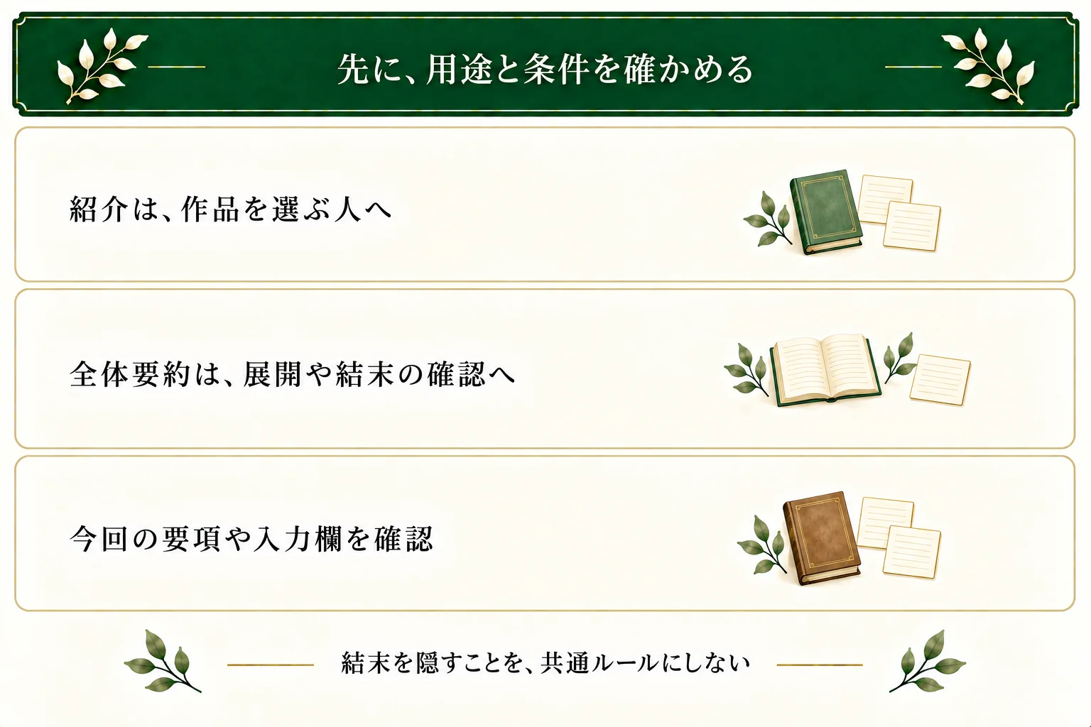 公開紹介文と全体要約では、読む相手と示す範囲が違う。今回の公式要項や入力欄で条件を確認し、あらすじは必ず結末を隠すと決めない。