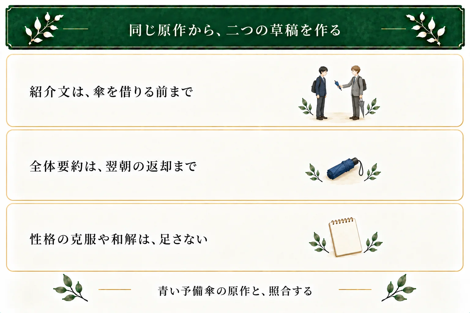 青い予備傘・練習稿v1から、借りる前までの公開紹介文と、借りて乾かし翌朝返す全体要約を作る。律と圭が使うのは別々の傘で、性格の克服や和解は原作に加えない。