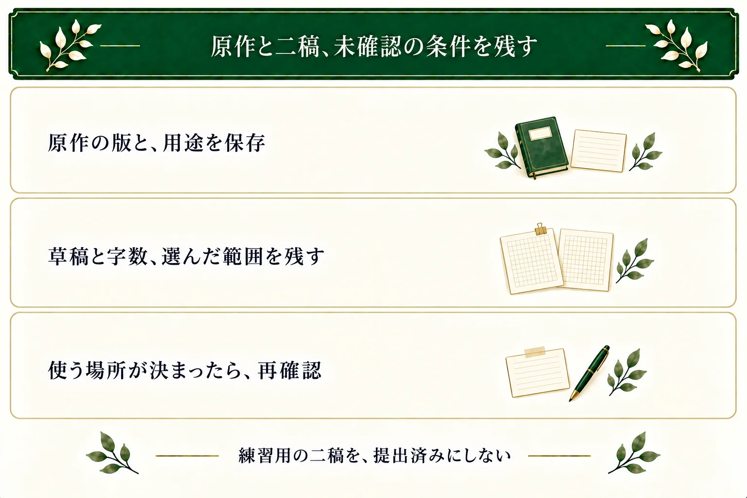 原作の版、用途別の草稿、実測字数、示す範囲を保存する。具体的な掲載・提出先は未定で、使う欄や要項が決まったら字数・書式・結末の指示に照合する。