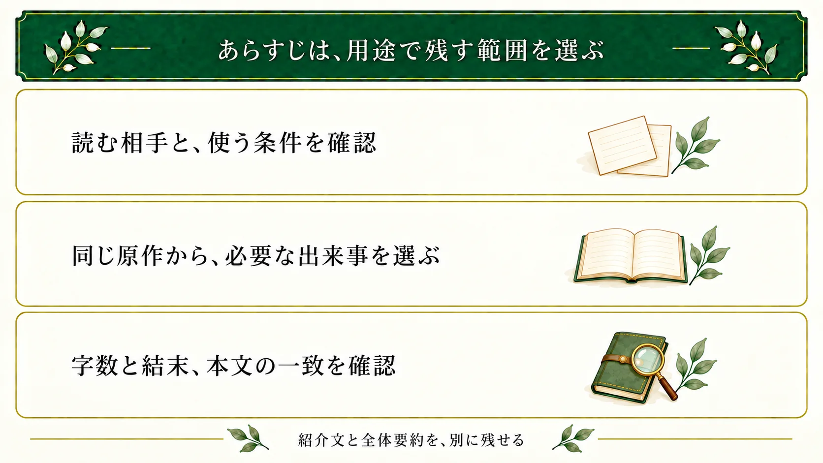 あらすじは読む相手と用途、条件を確認してから、原作の必要な出来事を選ぶ。字数、結末の扱い、原作との一致を確かめ、紹介文と全体要約を分けて保存する。