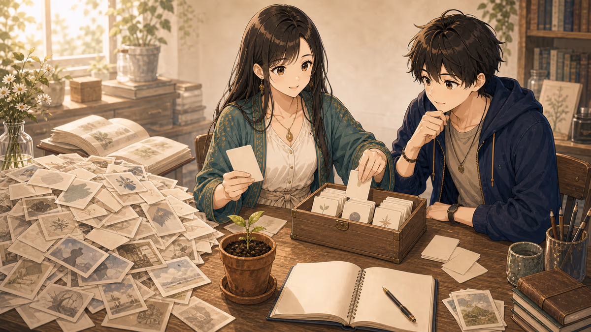 コトハが大量の無地カードから必要なカードだけを木箱に整えているアトリエの挿絵