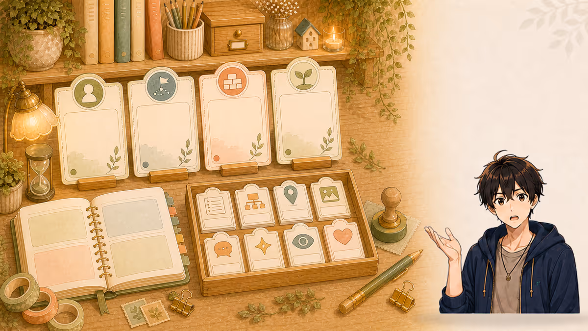ソウマが用語カードとノートを使って今日の創作へ戻る印を残す創作アトリエの挿絵