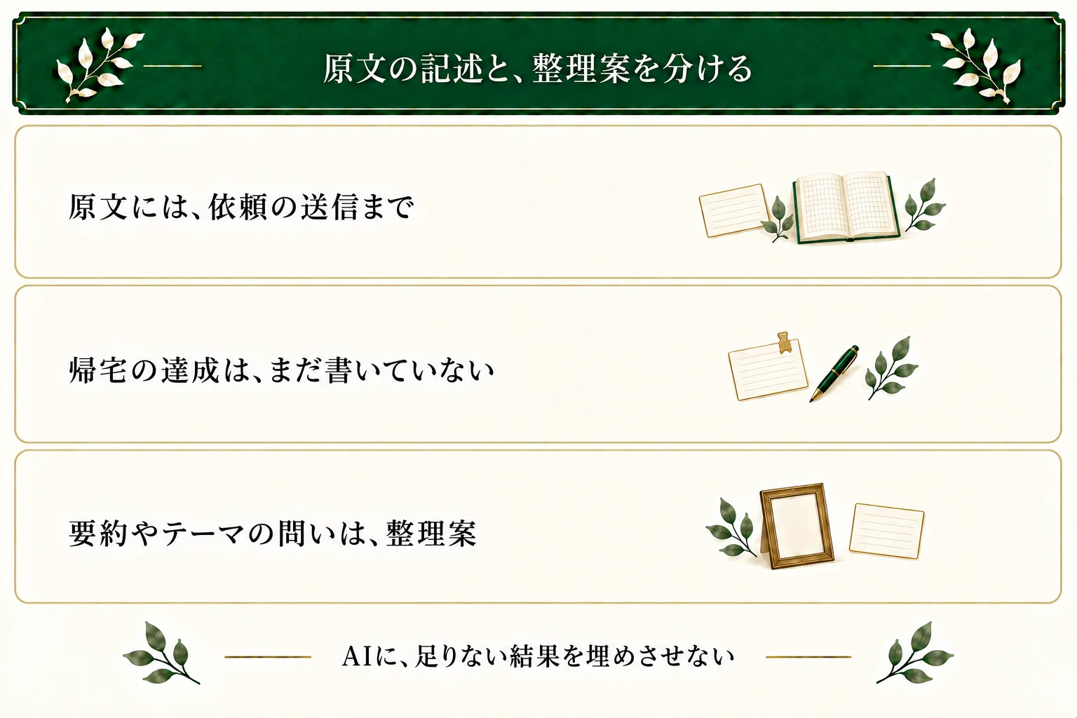 原文で結衣が行ったのは同行を頼む文の送信までで、返答や合流、帰宅は未記述。原文の抜粋と、新しく作った要約文やテーマの問いを分け、AIにない結果を補わせない。