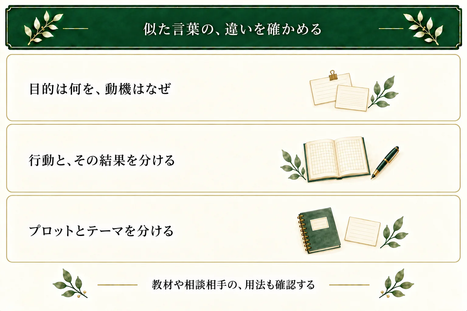 目的は実現したいこと、動機は望む理由。取った行動と結果、出来事の並びであるプロットと作品の意味を考えるテーマを区別する。教材や相談相手の用法も確認する。