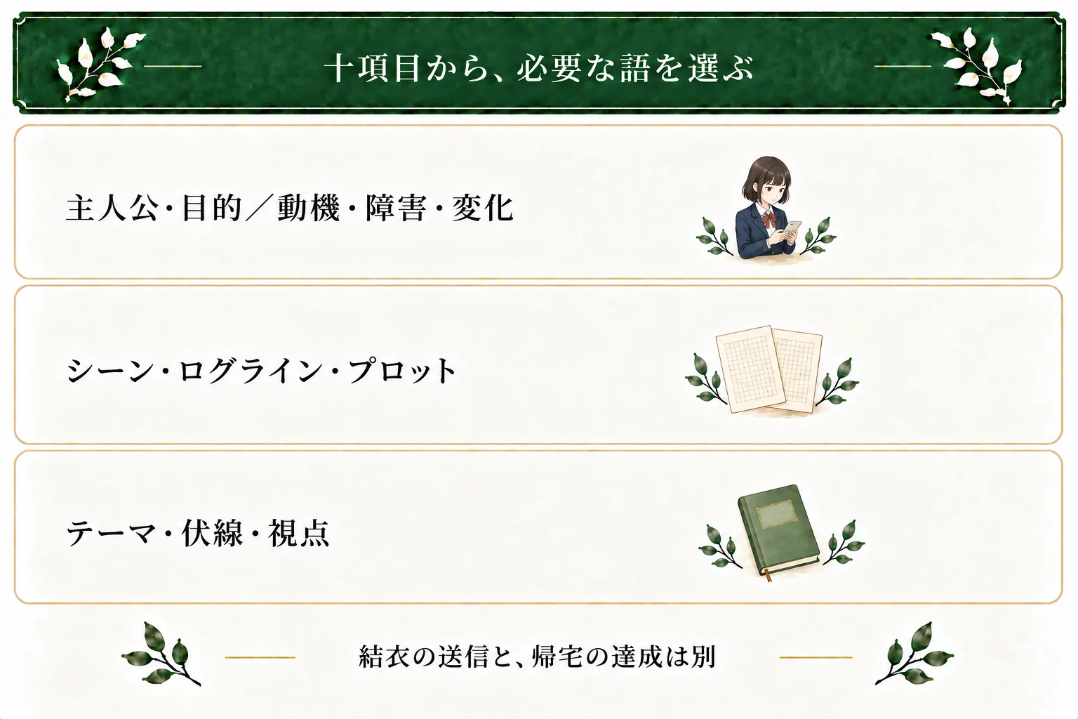 用語集の十項目は主人公、目的・動機、障害、変化、シーン、ログライン、プロット、テーマ、伏線、視点。結衣が奈々へ依頼を送る作例に当てはめ、送信と帰宅を分ける。