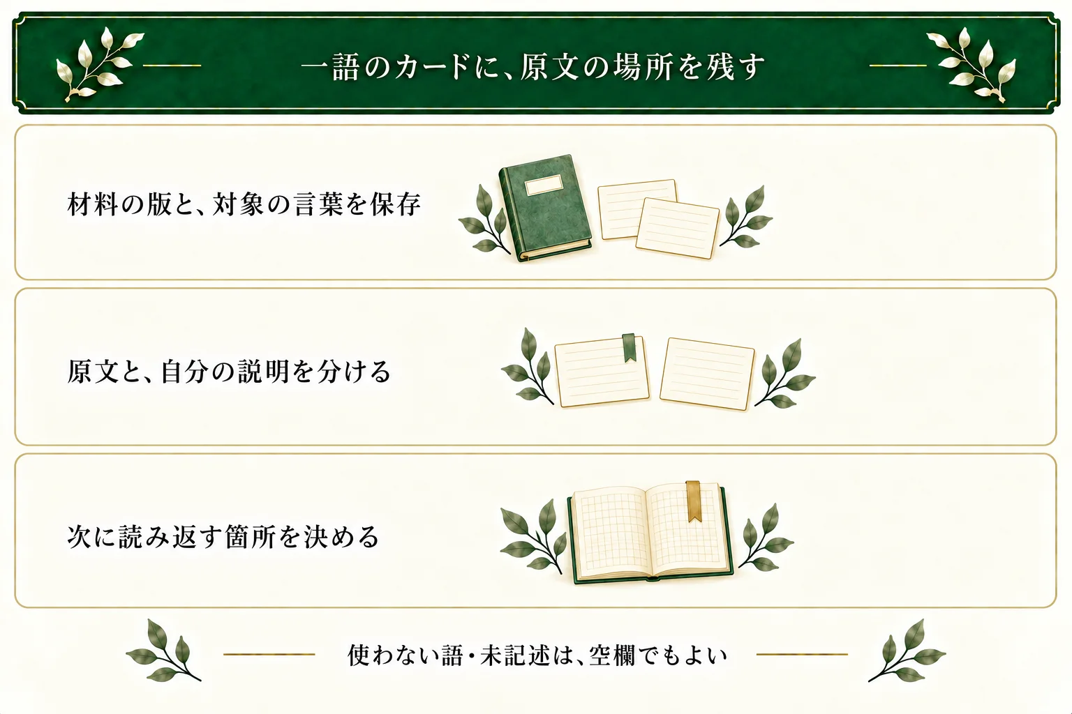 用語カードに材料の版、選んだ用語、原文、自分の説明を保存する。今回区別したことと次に読み返す箇所を残し、使わない語や未記述の結果は空欄でよい。