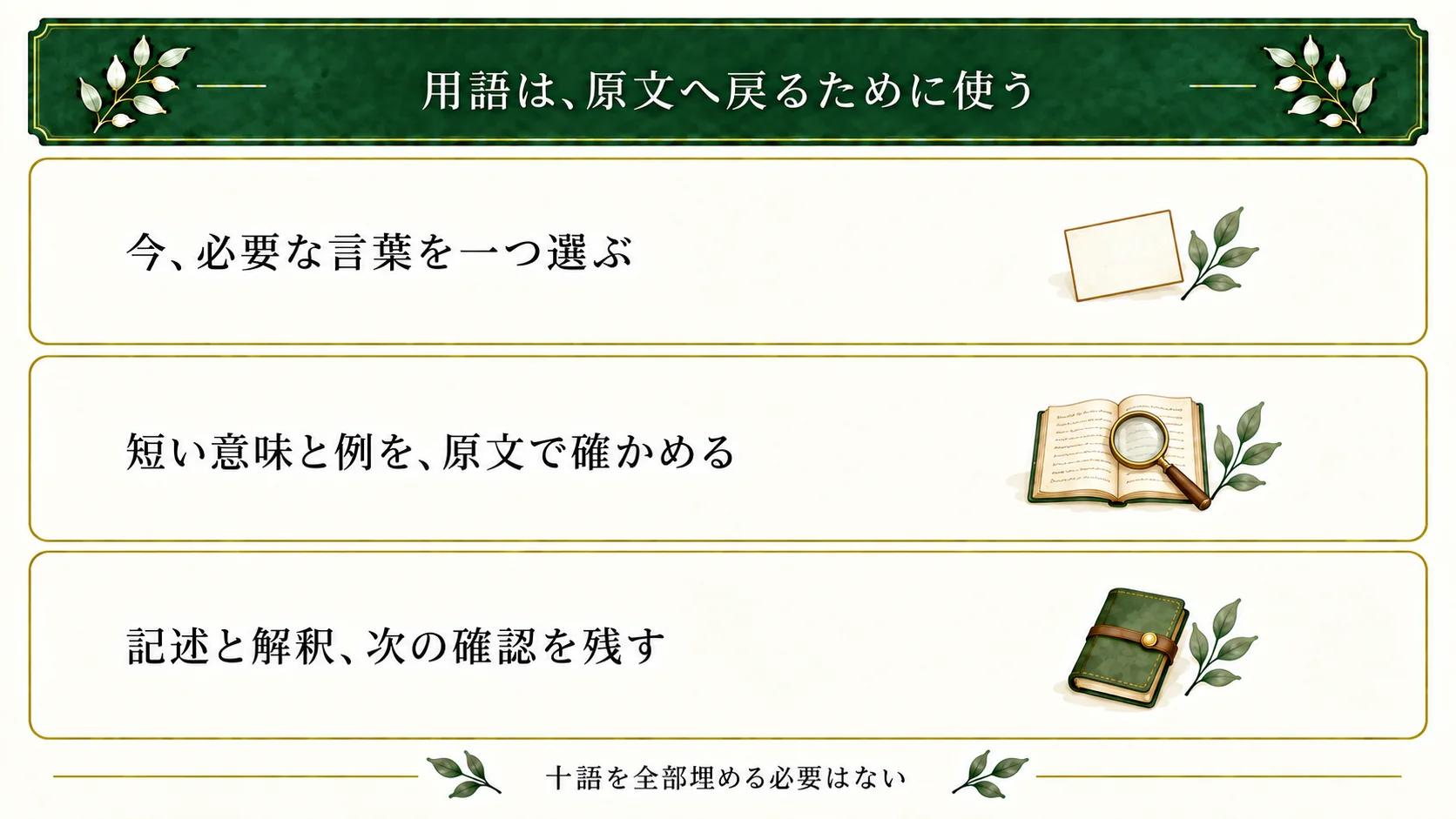 物語作りの用語は必要な一語から意味と例を確認し、原文の場所へ戻るために使う。記述と解釈を分けて保存し、十語すべてを覚えたり埋めたりする必要はない。