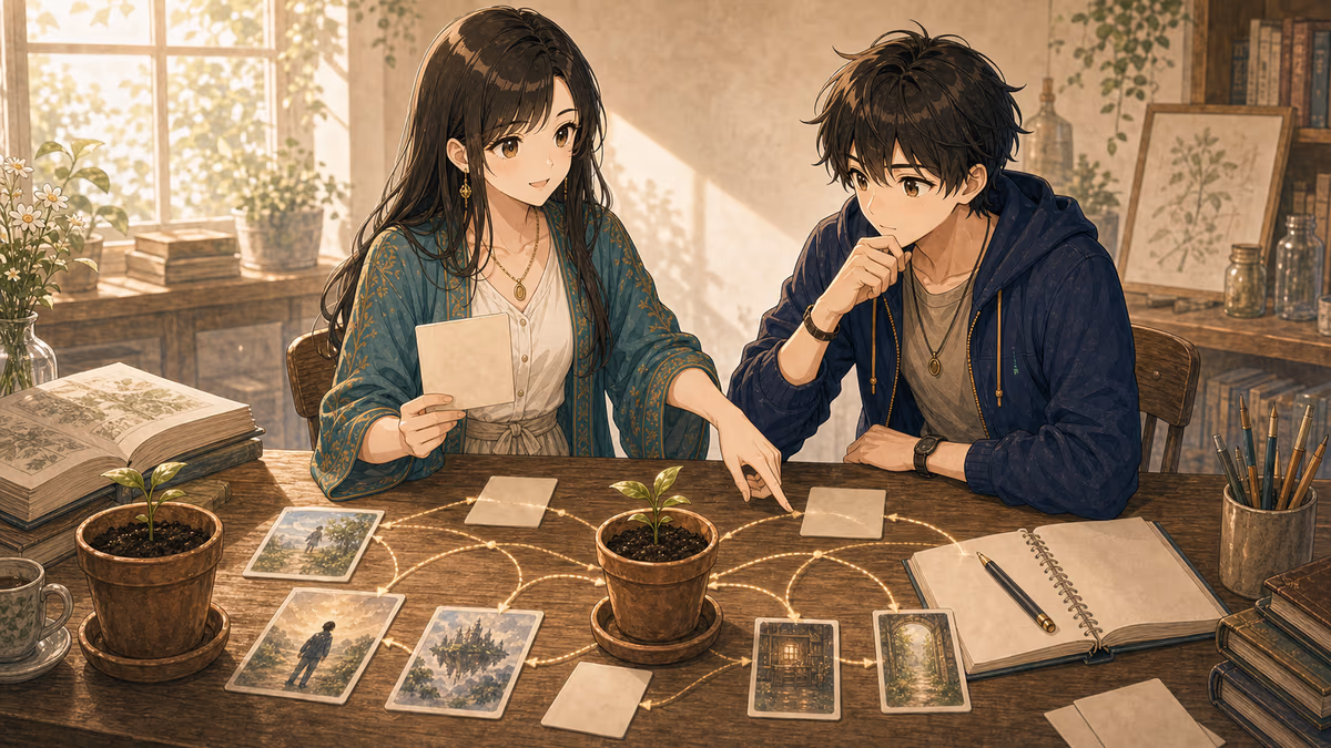 コトハが芽の鉢と無地カードを前に主人公が迷う問いを示しているアトリエの挿絵