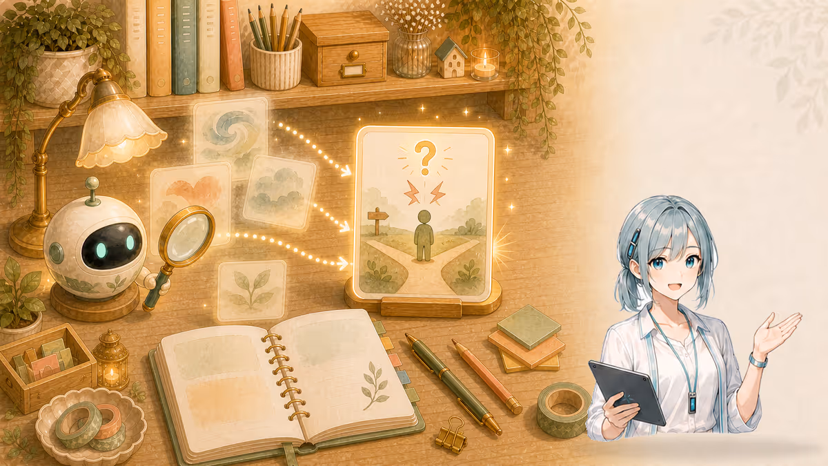 ミラが抽象的なテーマカードを主人公が迷う場面の問いへ絞り込む創作アトリエの挿絵